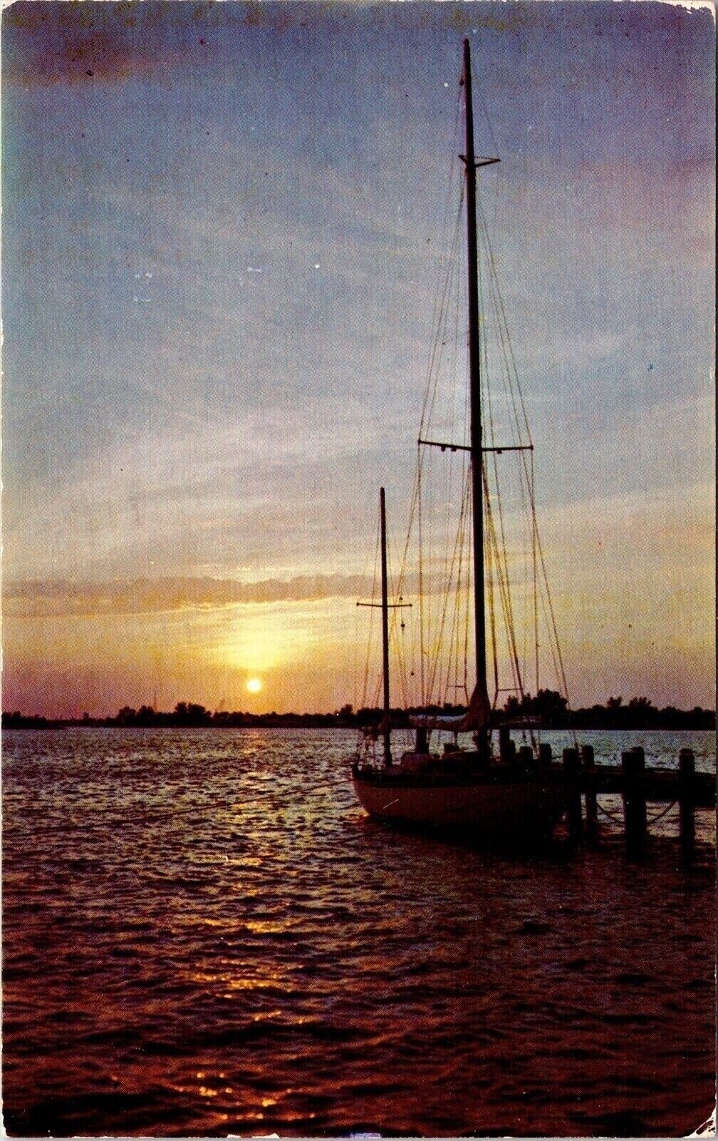 Florida Sunset Scenic Tropical Landscape Dock Boat Chrome Cancel WOB Postcard