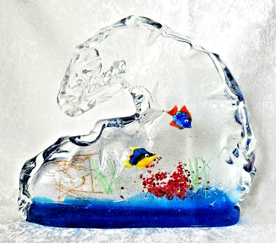 Vintage Murano Art Glass Wave Sculpture Aquarium With Tropical Fish 