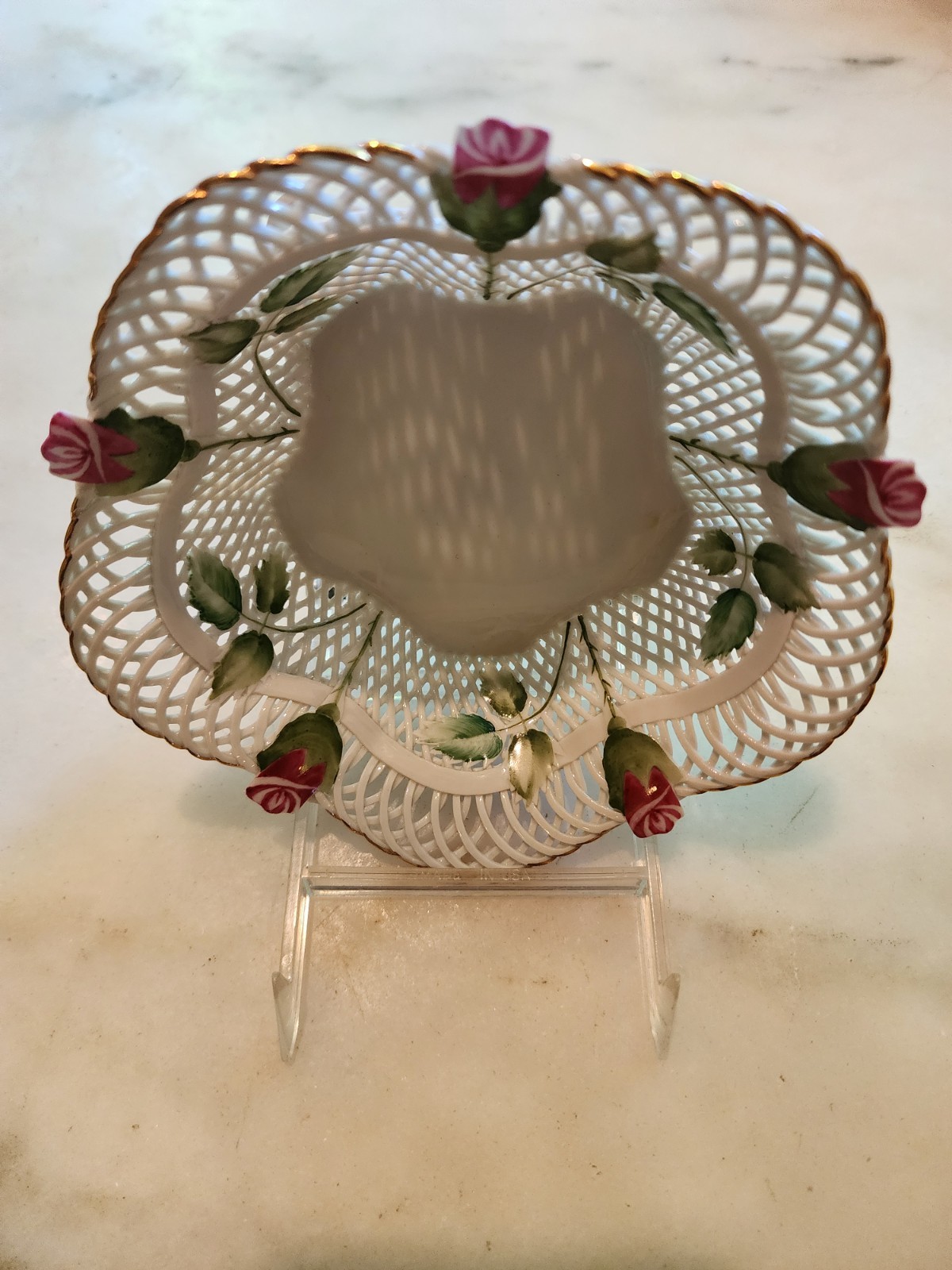 Vintage Romanian Porcelain Reticulated Lace Bowl.