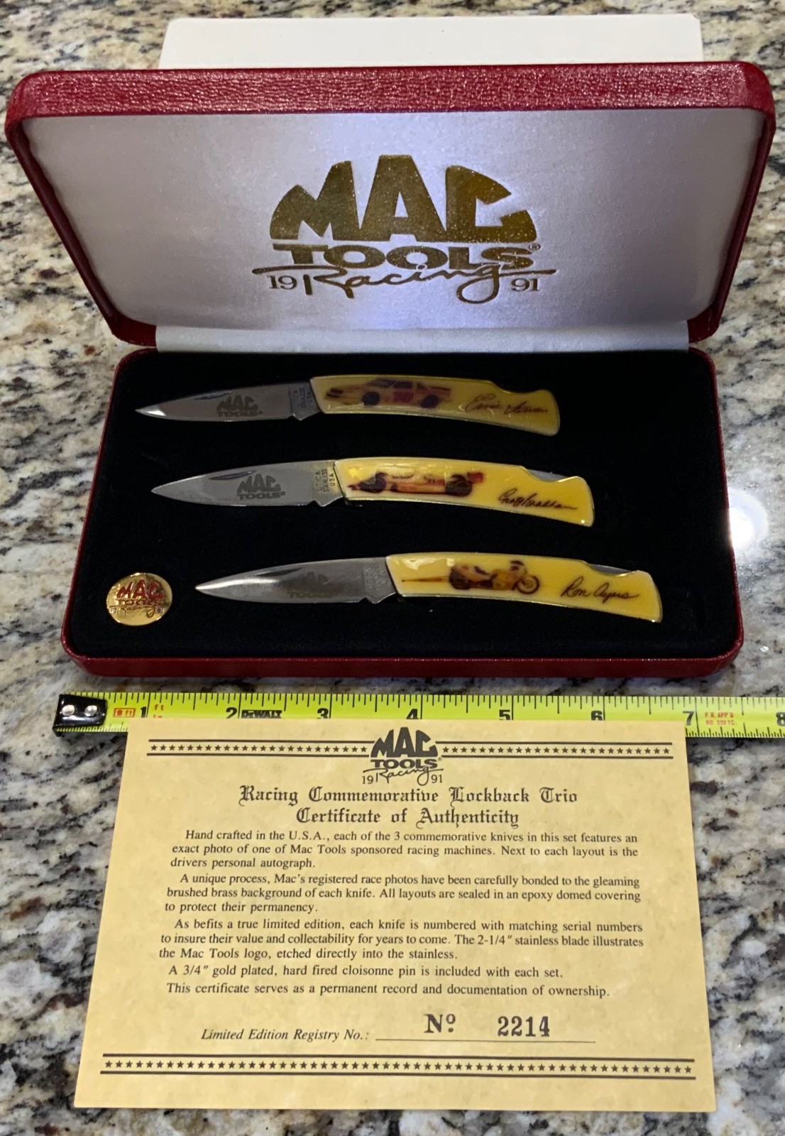 Vintage 1991 Mac Tools Racing Commemorative Lockback Trio Knife Set COA Pin 2214