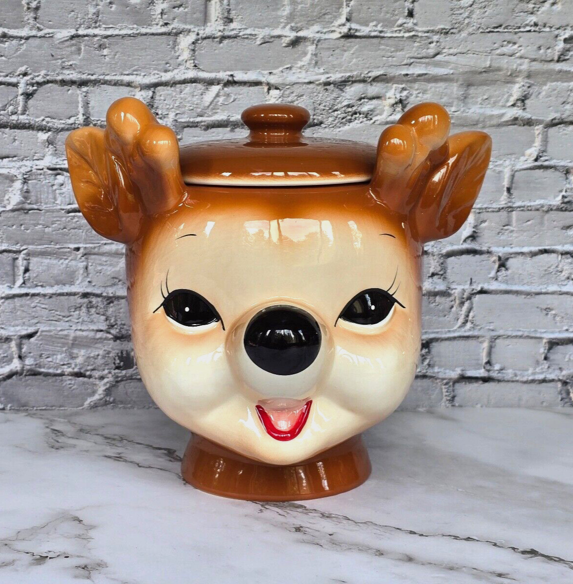Pottery Barn Cheeky Reindeer Holiday Cookie Jar ~ BRAND NEW ORIGINAL PACKAGING