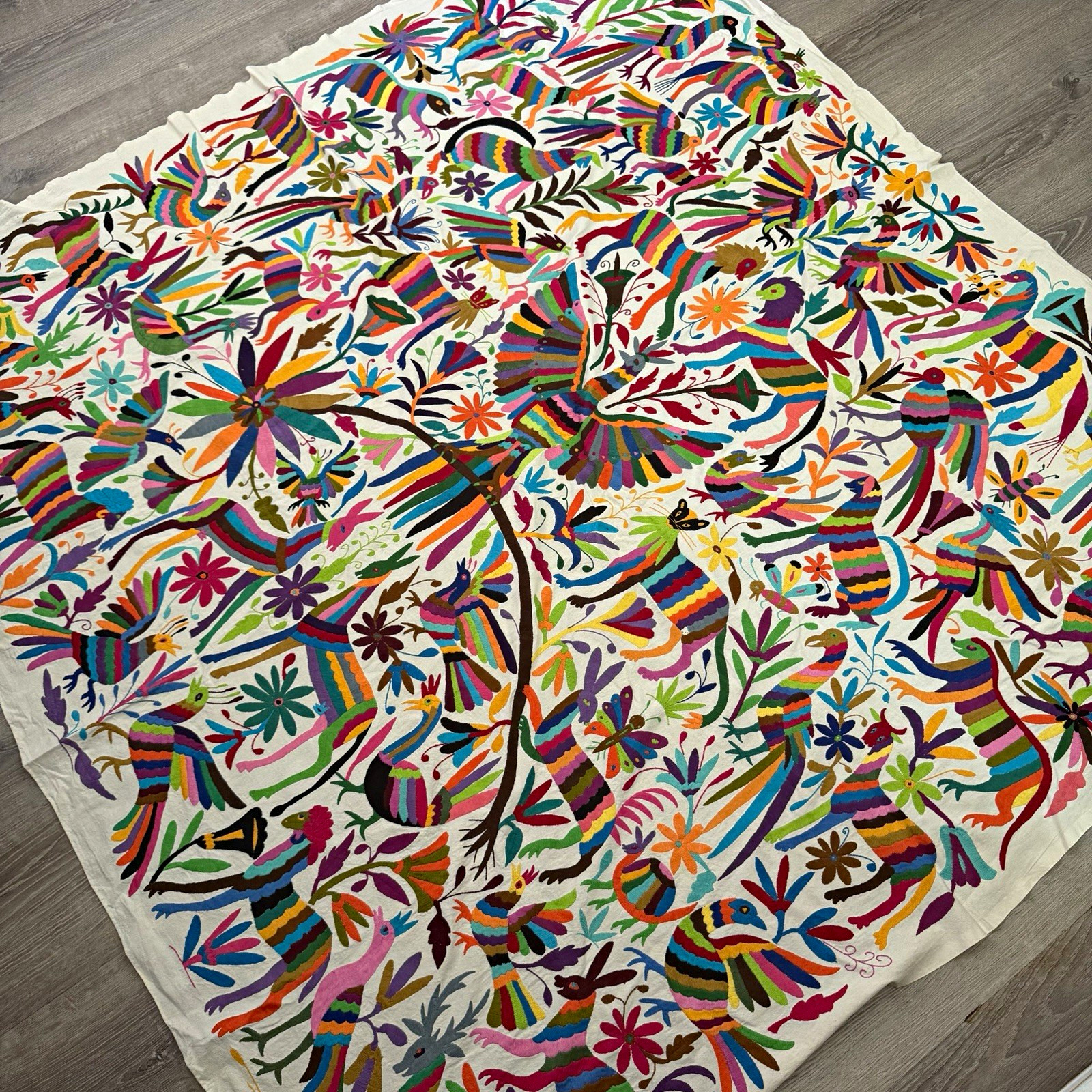 Vintage Extra Large Otomi Tapestry, Hand-Embroidered Mexican Wall Art 6 x 6 Feet Vintage Extra Large Otomi Tapestry, Hand-Embroidered Mexican Wall Art 6 x 6 Feet