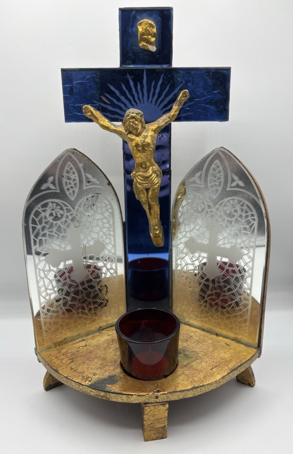 Vintage Jaywood Catholic Home Altar Blue Mirror Crucifix Last Rites INRI