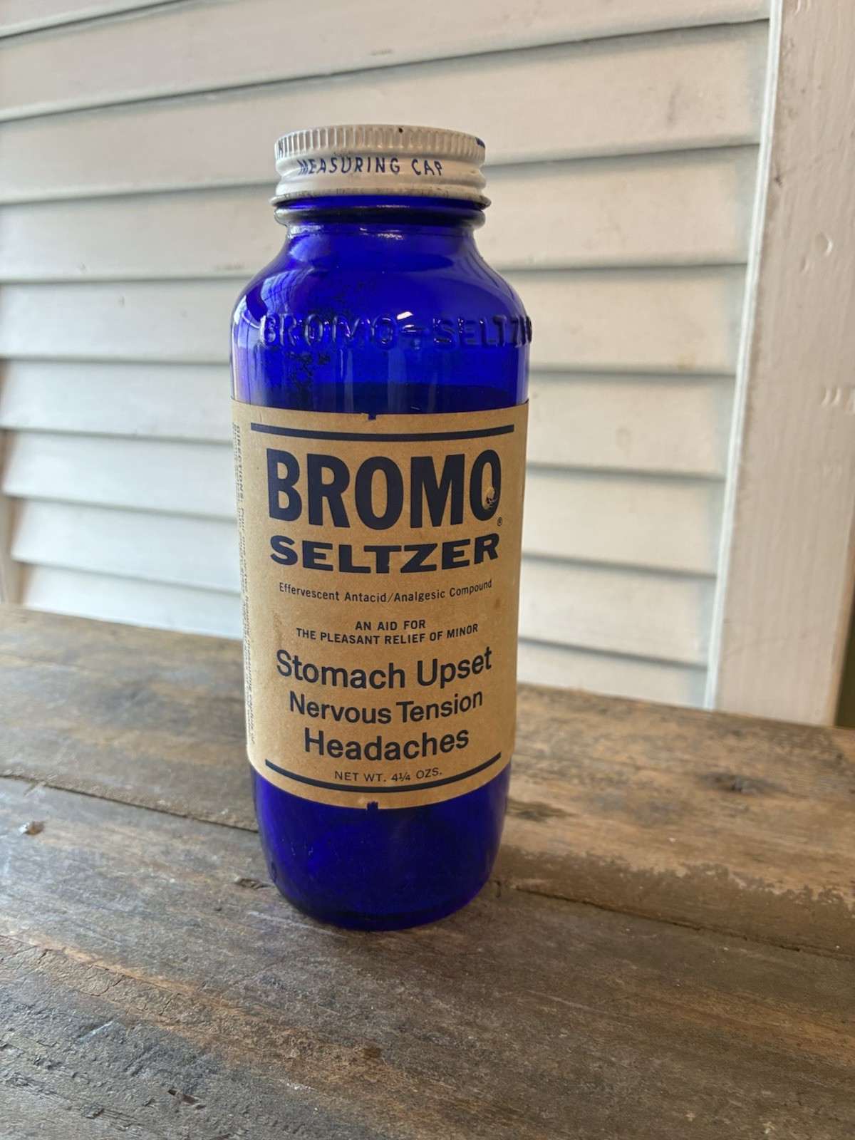 Vintage Cobalt Blue Bromo Seltzer Bottle with Original Paper Label