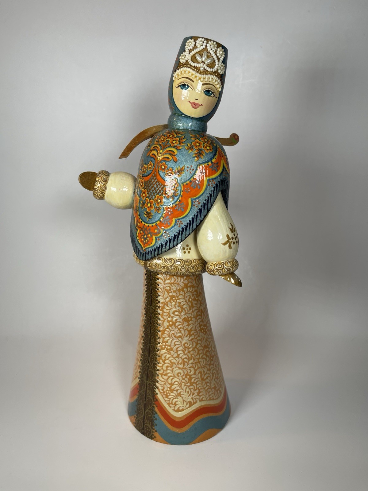 Vintage Russian Hand Painted Wooden Folk Art Doll Kokoshnik Figure Russia