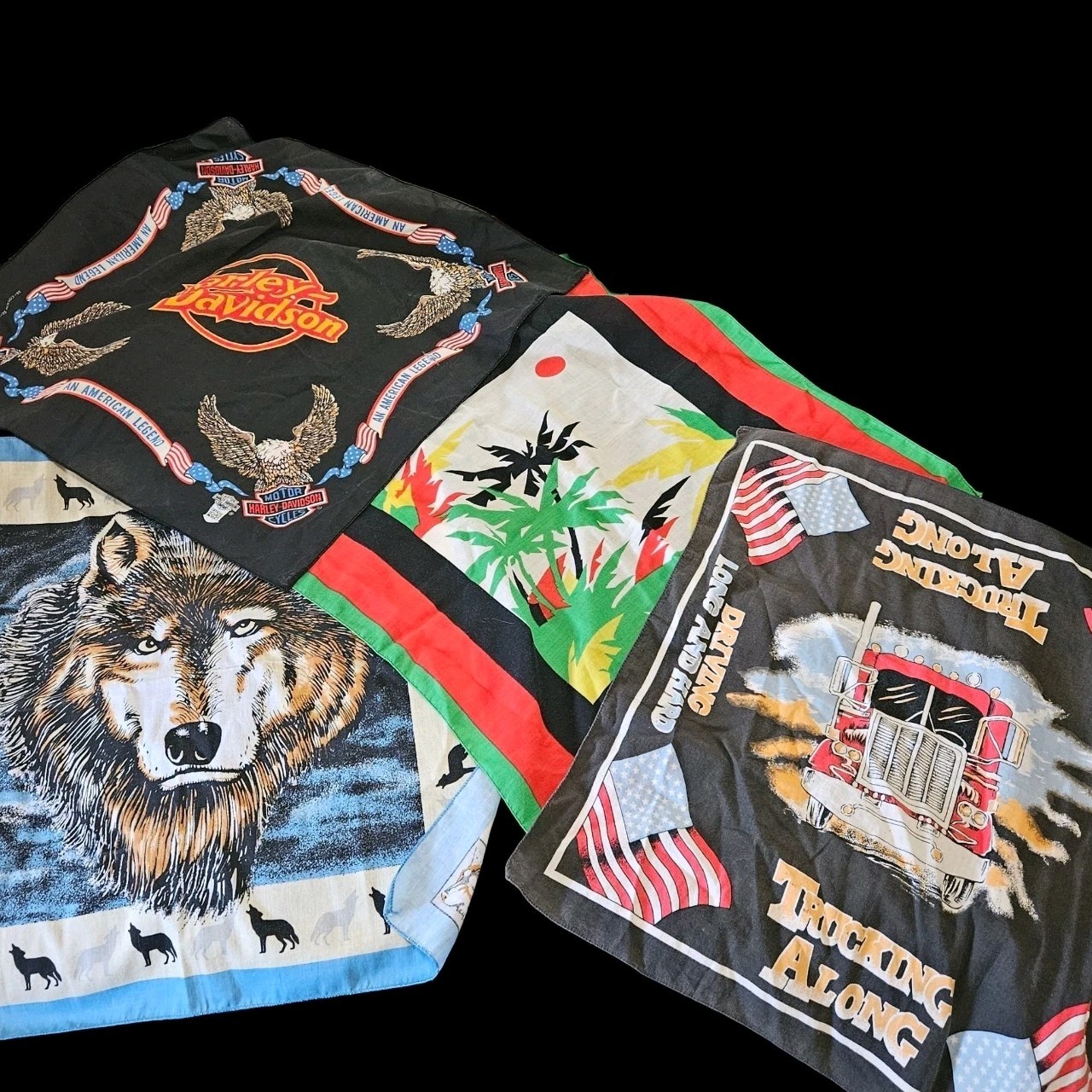 Vintage Late 80s Bandanas Lot of 4 Harley Trucker Wolf Tropical Have A Hank