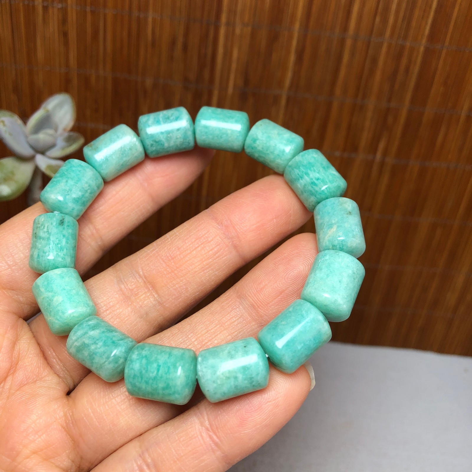 Natural amazon stone Bracelet Brown Gemstone Stretch Bucket bead Handmade A3699