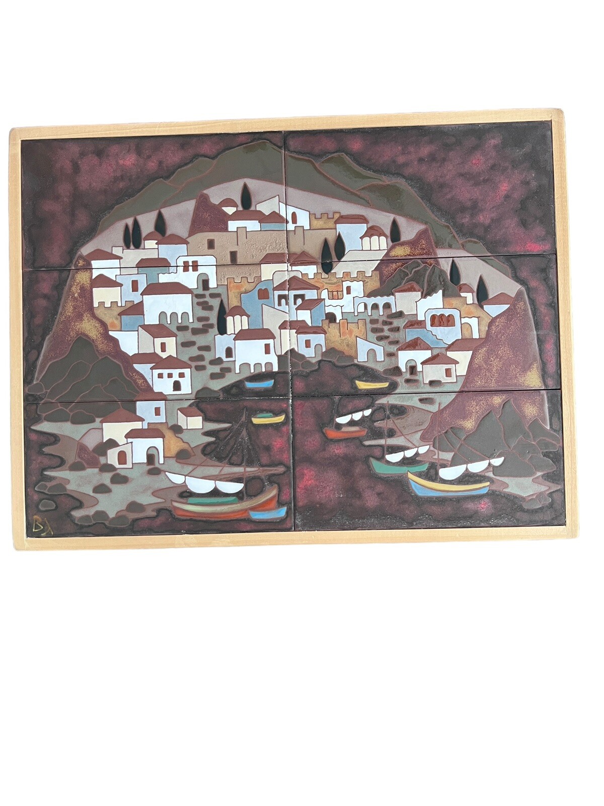 Angelos Tsakirakis Style Greek Framed Wall Art Tile Plaque Terracotta MCM Signed