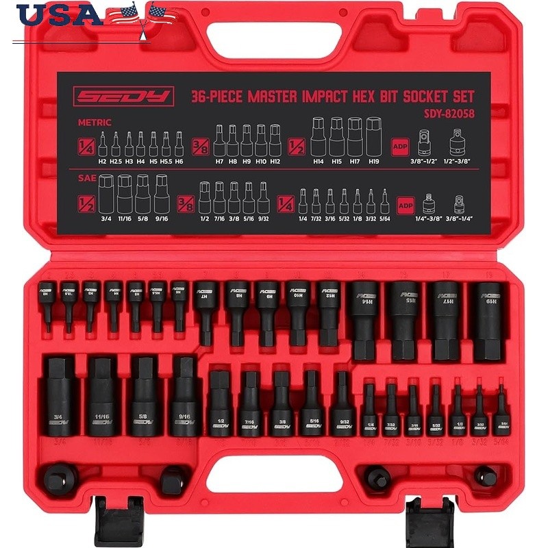36-Piece Hex Bit Impact Socket Set SAE Metric W/ 4 Adapters Cr-V Steel New