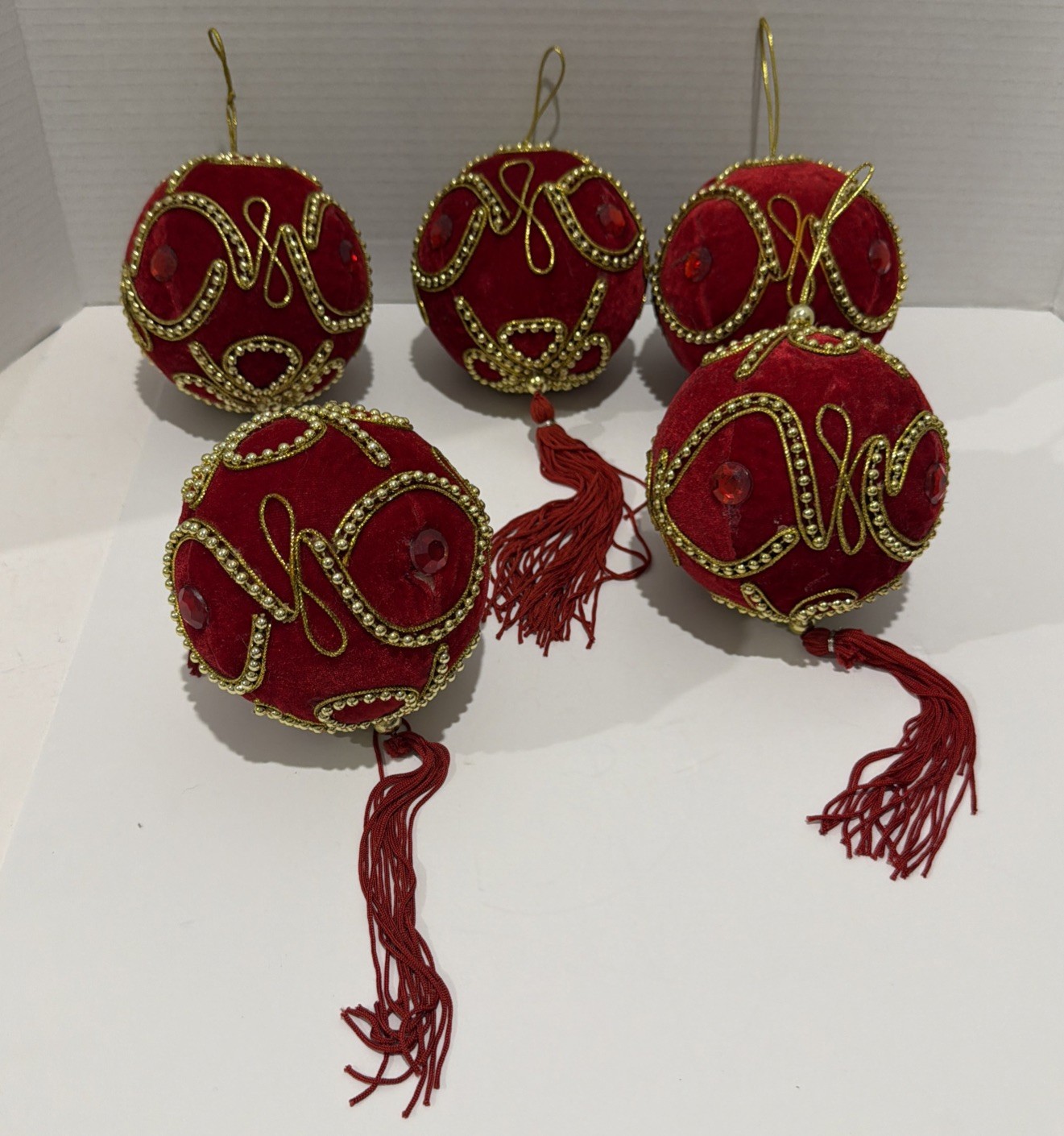 Vtg Handmade Red Christmas Ornaments Velvet Beaded Sequins Tassels Lot of 5