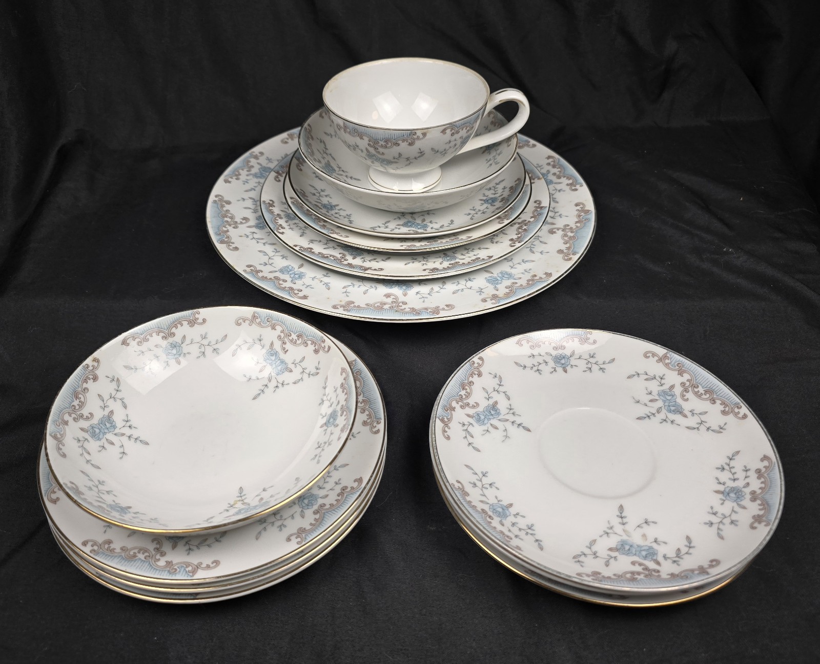 12 Piece Imperial China W. Dalton Seville Japan Blue Rose, Gray Scrolls Dish Set