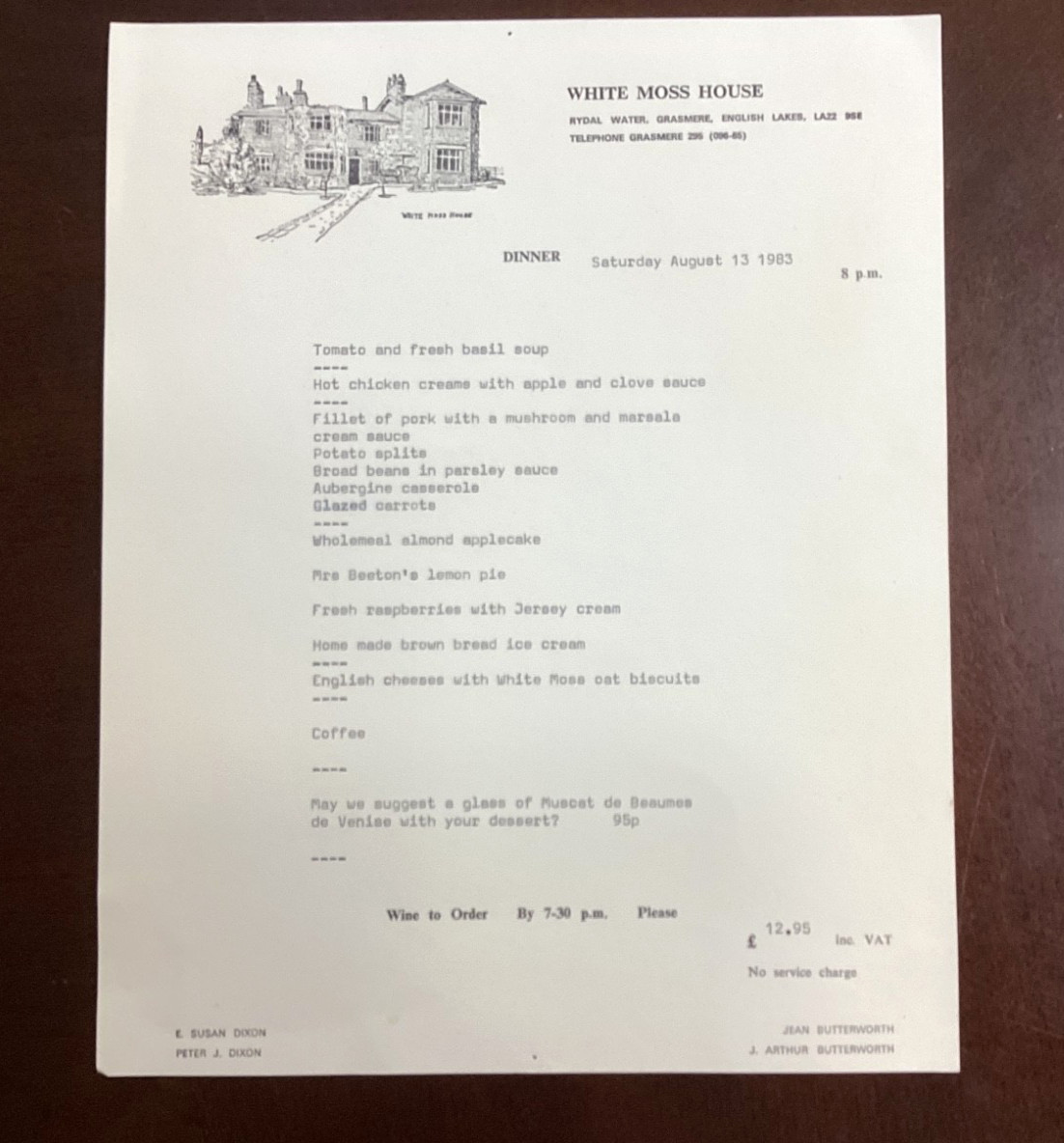 Vintage White Moss House Diner Menu Aug 13, 1983 Grasmere, English Lake District