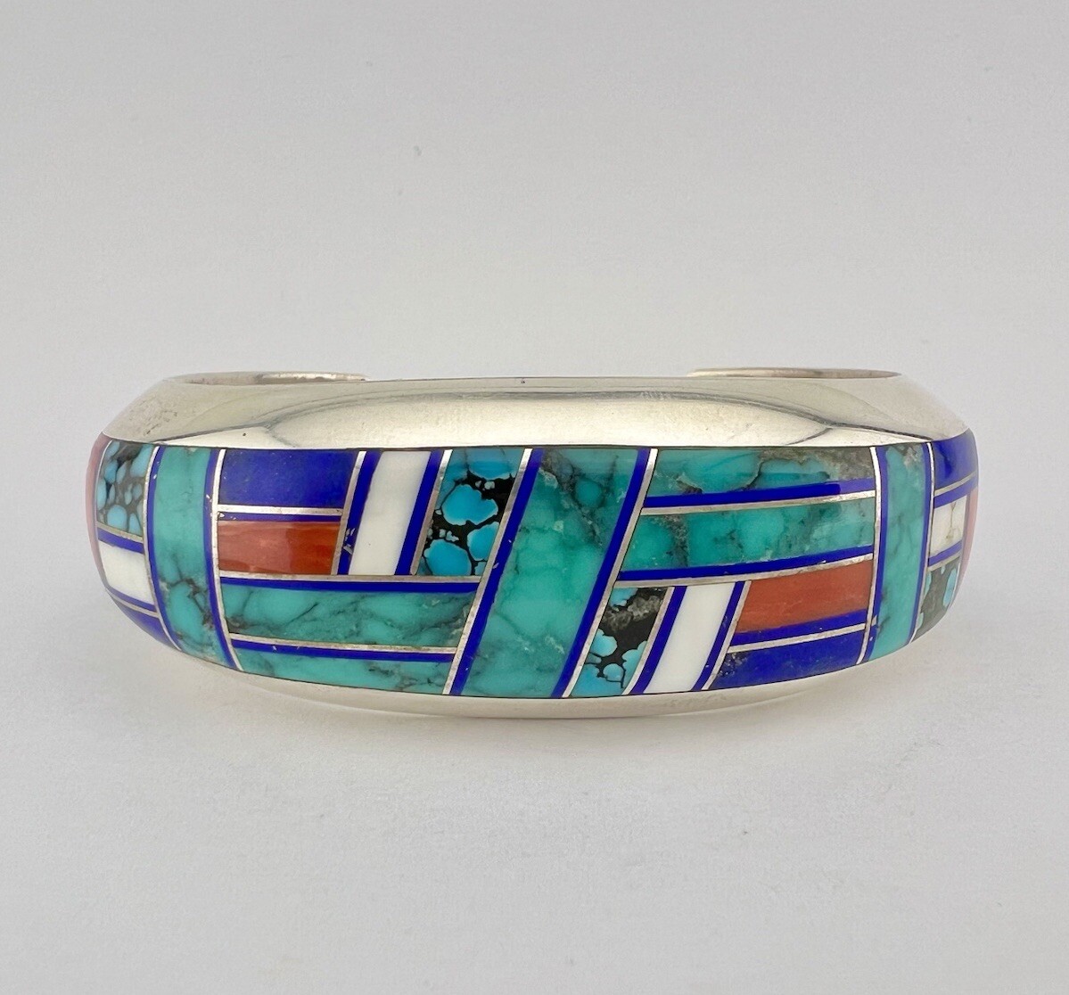 Vtg Phillip Sanchez Navajo Sterling Silver Multi Gem Flush Cuff Bracelet 101g