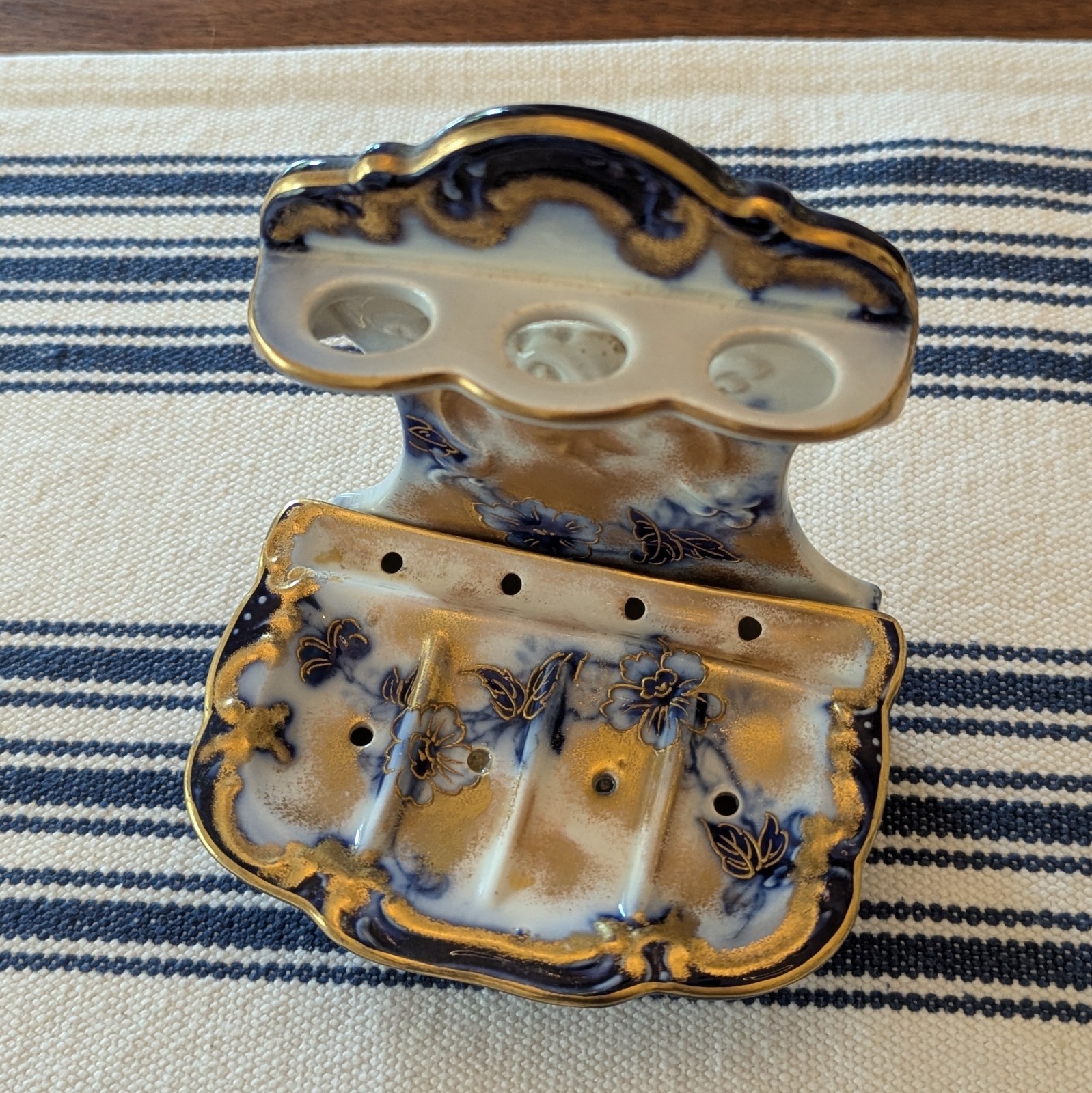 Antique Flow Blue Soap Dish Toothbrush Victorian Gold Azalla Bisto England VTG