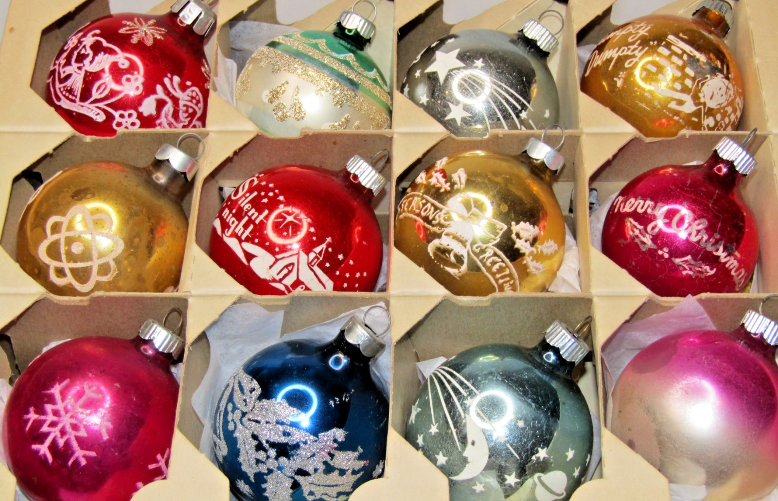 Lot VTG Glass Pictured SILENT NIGHT MOON MERRY HUMPTY DUMPTY Christmas Ornaments