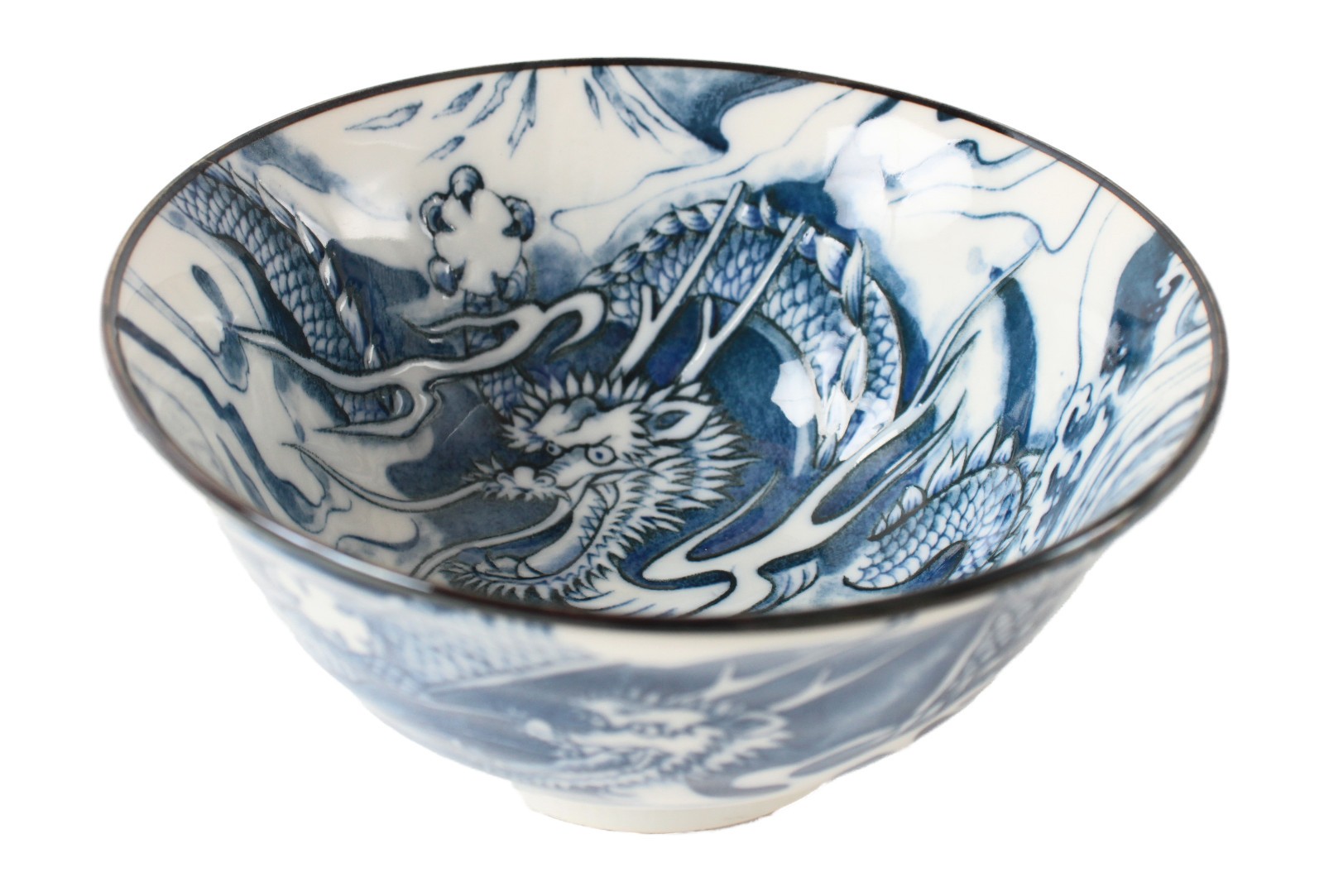 Mino ware Japanese Ceramics Large Rice Bowl Dragon and Mt. Fuji Blue