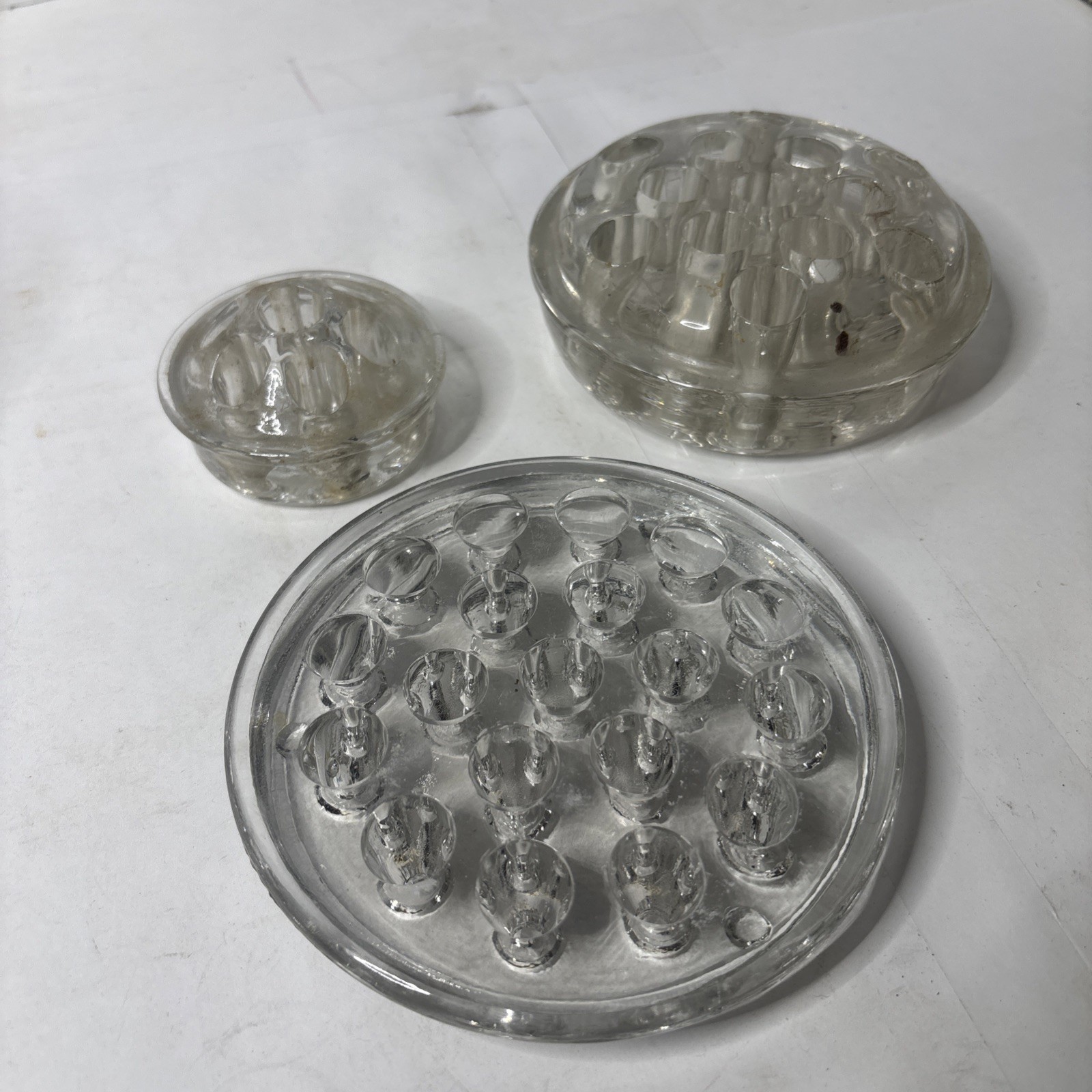 3 Vintage Clear Glass Flower Frogs 19 Hole 7 Hole 13 Hole Garden Vase Floral 3 Vintage Clear Glass Flower Frogs 19 Hole 7 Hole 13 Hole Garden Vase Floral