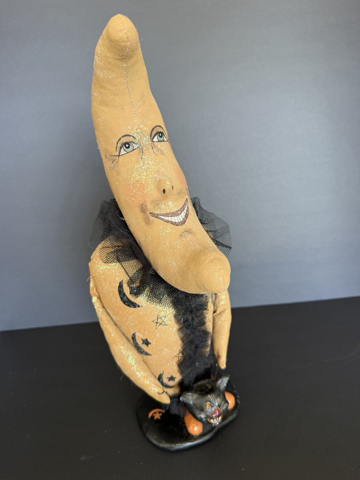 Joe Spencer Gathered Traditions Halloween Crescent Moon Black Cat 14.5” Folk Art