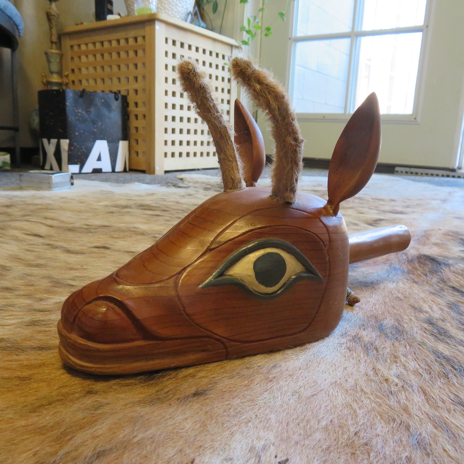 Pacific Northwest Indigenous Style Carved Wood Deer Dance Stick Rattle Effigy