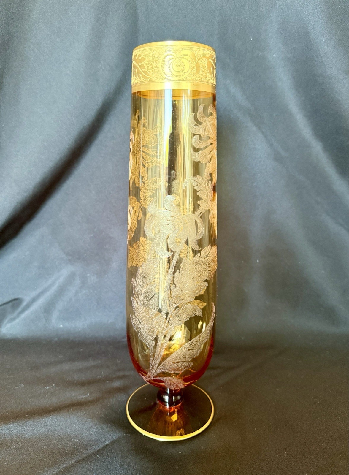 Vintage Cambridge Glass Co. vase golden crusted chrysanthemum etching 1920s/1930