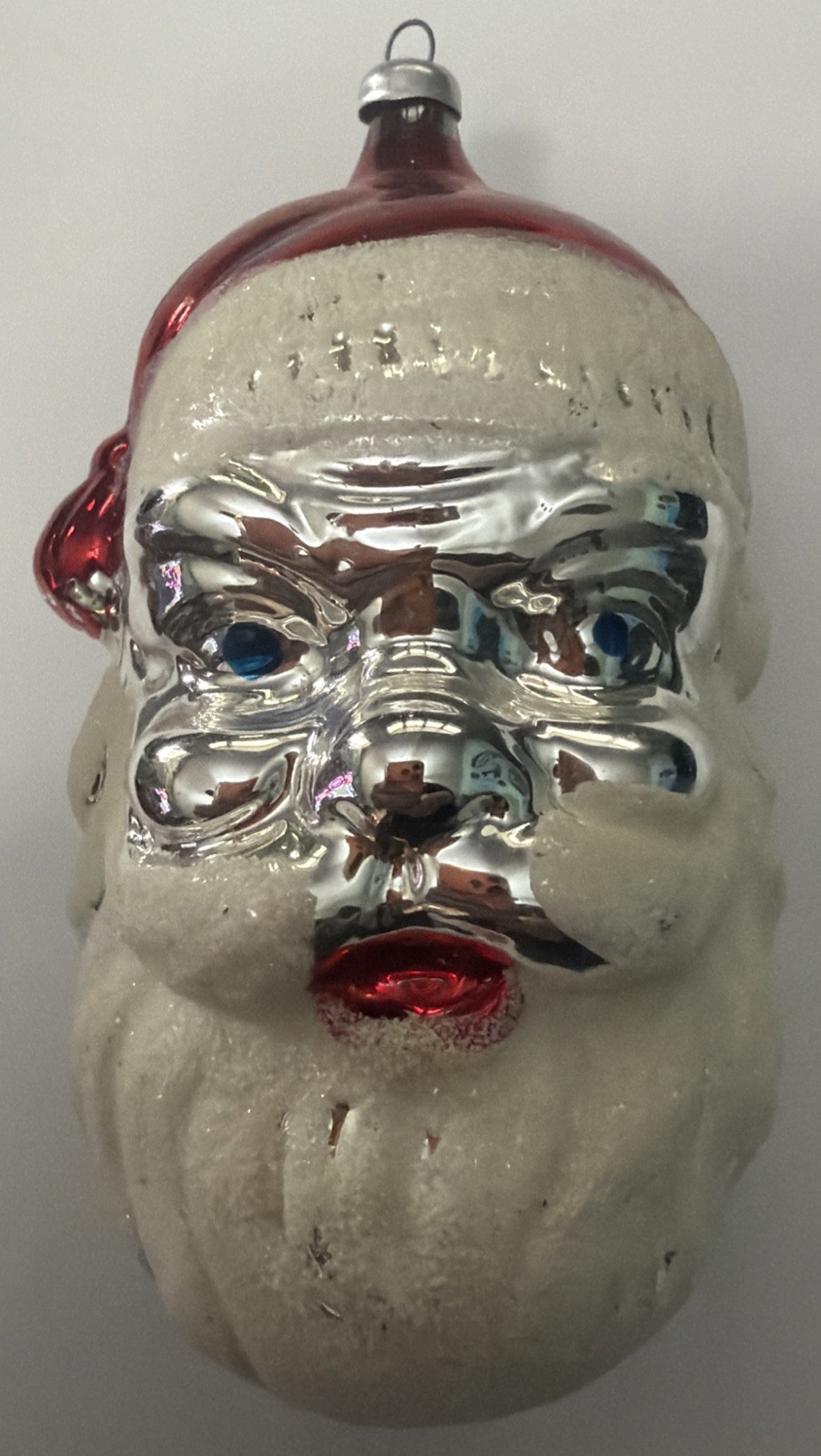 Vintage West Germany Santa Head Glass Christmas Ornament 4.5”  Silver Face