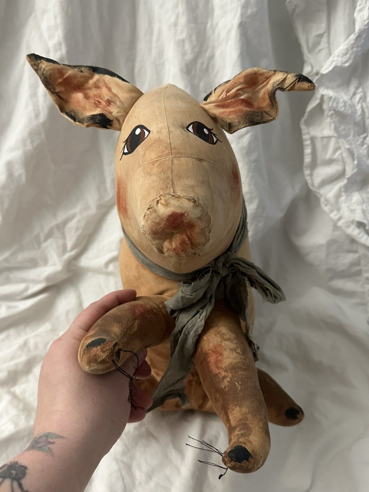 Vintage Primitive Folk Art Pig Plush Large Handmade Artist Signed 