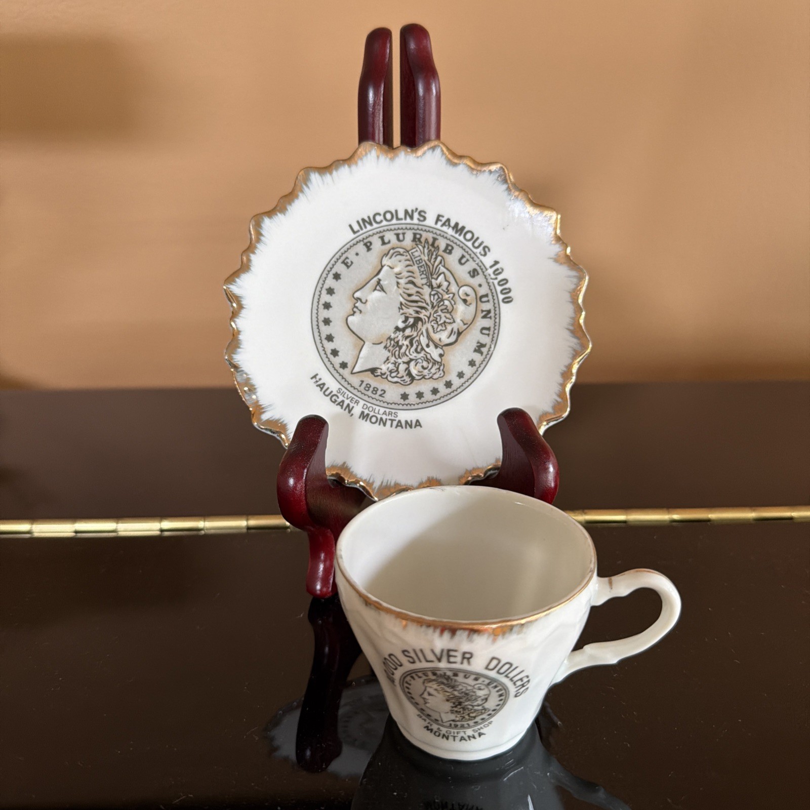 Vintage 10,000 Silver Dollars Bar Montana Souvenir Collector Mini Cup and Saucer