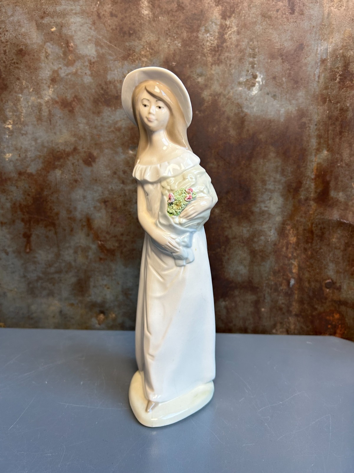 Vintage Mirmasu Porcelain Figurine, Woman Holding Flowers Vintage Mirmasu Porcelain Figurine, Woman Holding Flowers
