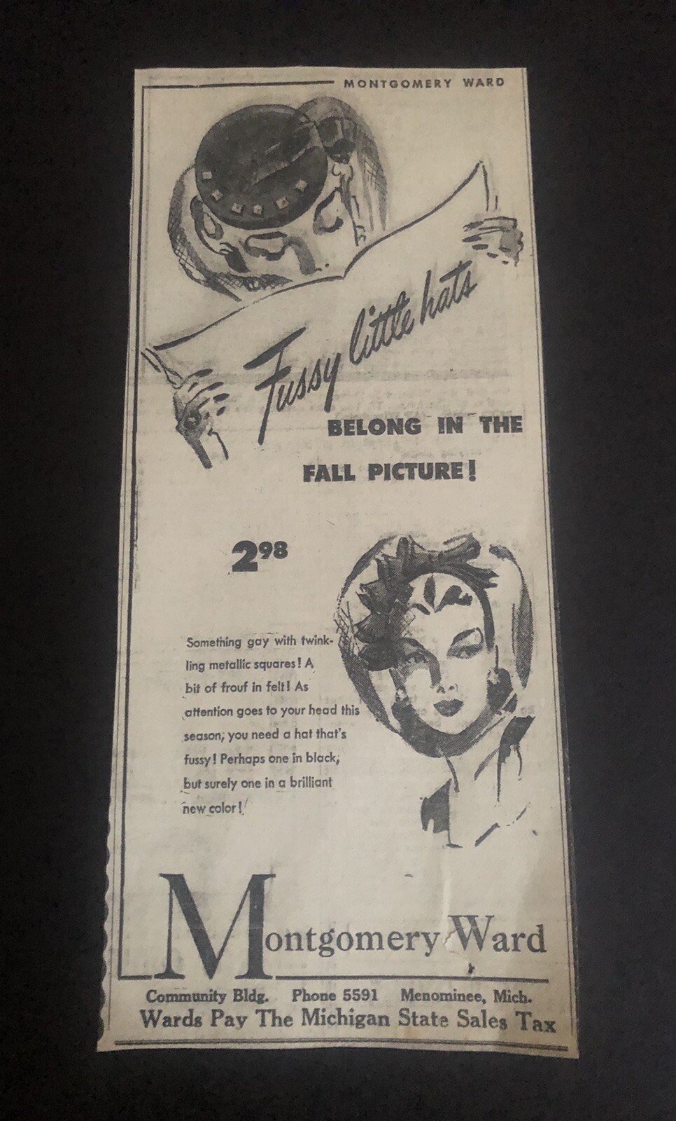 1950’s Montgomery Ward Michigan Store Women’s Hats Fashion Newspaper Ad 