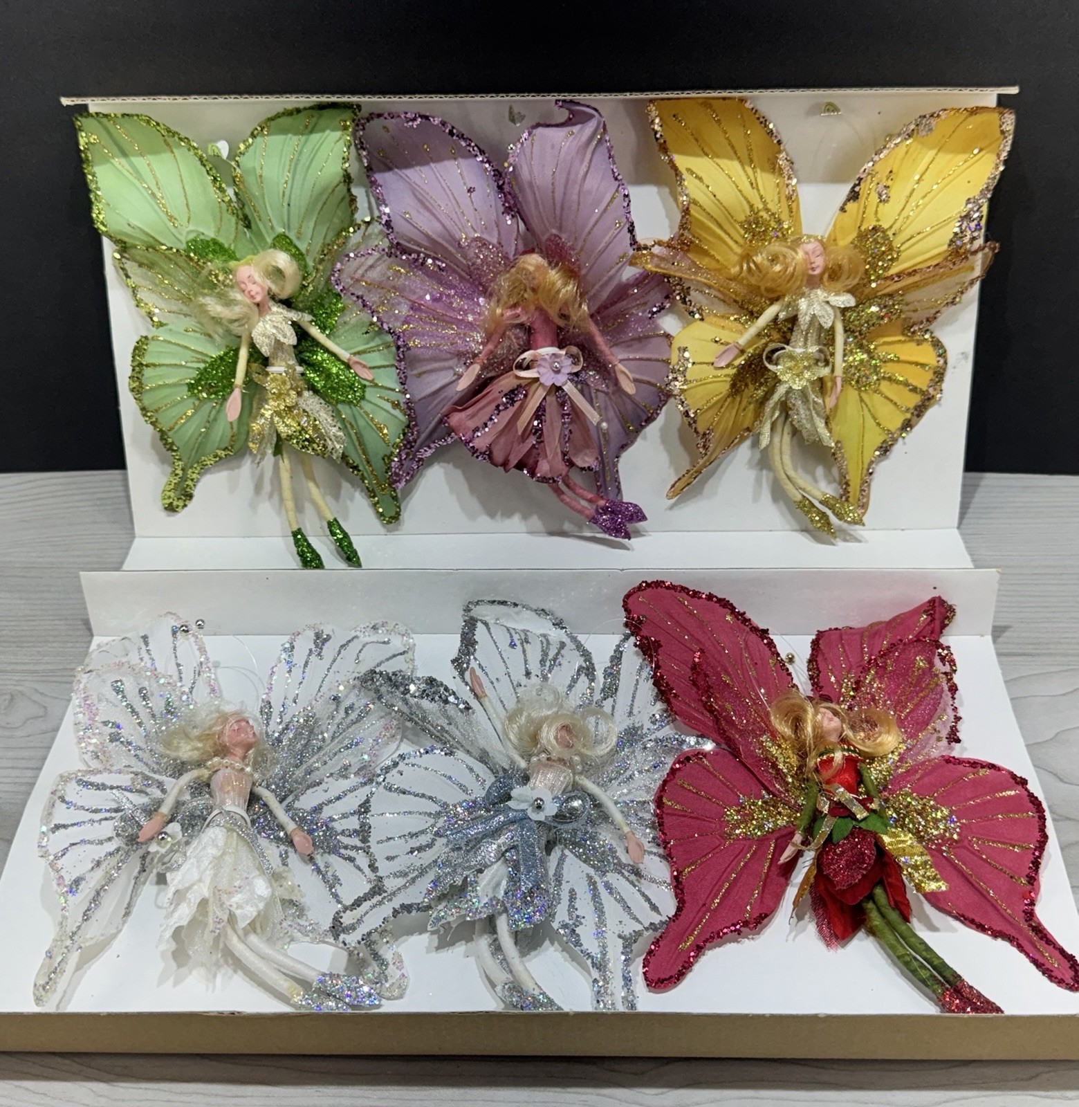 Vtg QVC Set of 6 Butterfly Fairy Christmas Ornaments Posable Glitter Doll Wings