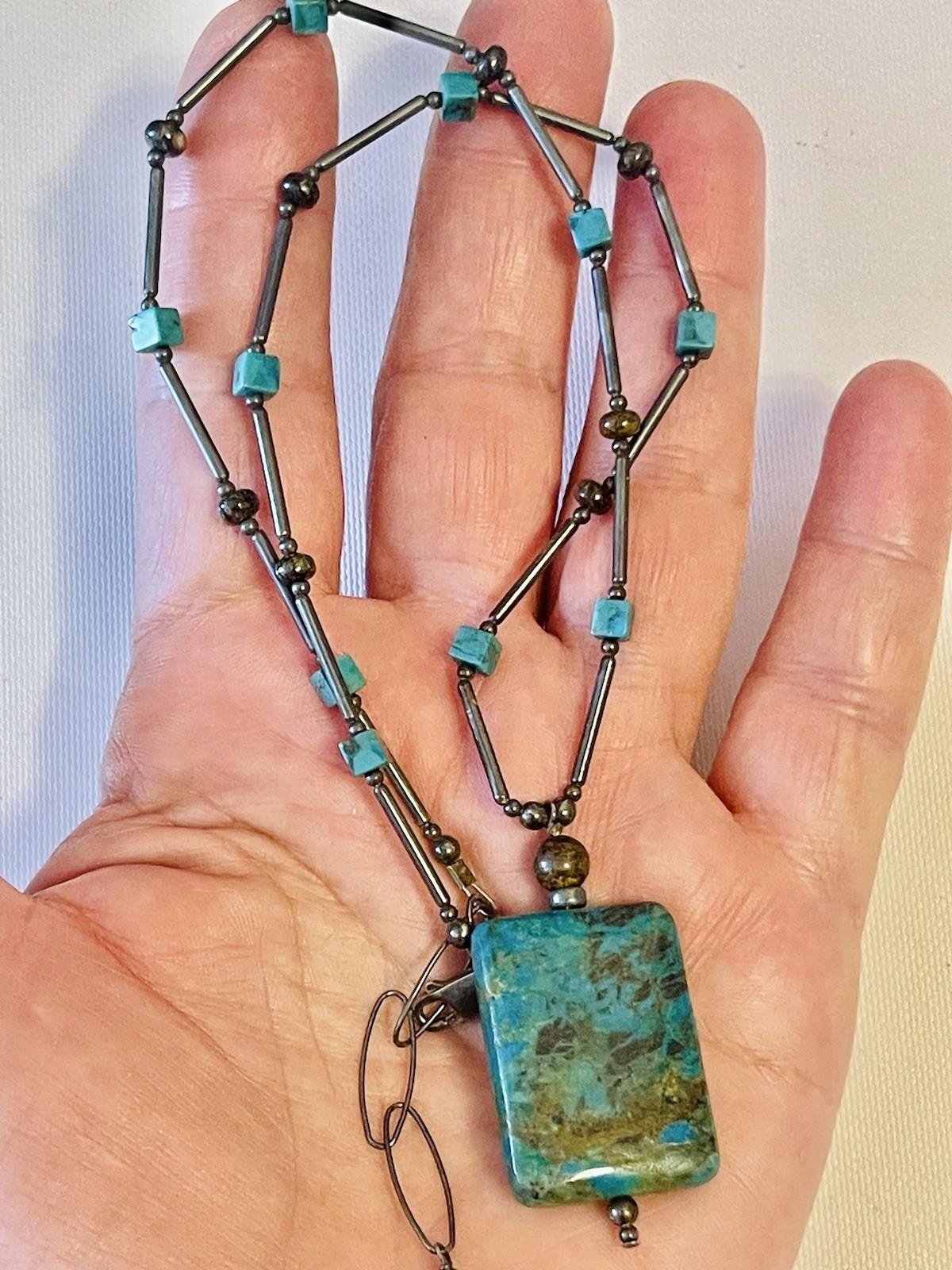VTG NATIVE AMERICAN STERLING SILVER TURQUOISE NECKLACE PENDANT 18-20” 18 G