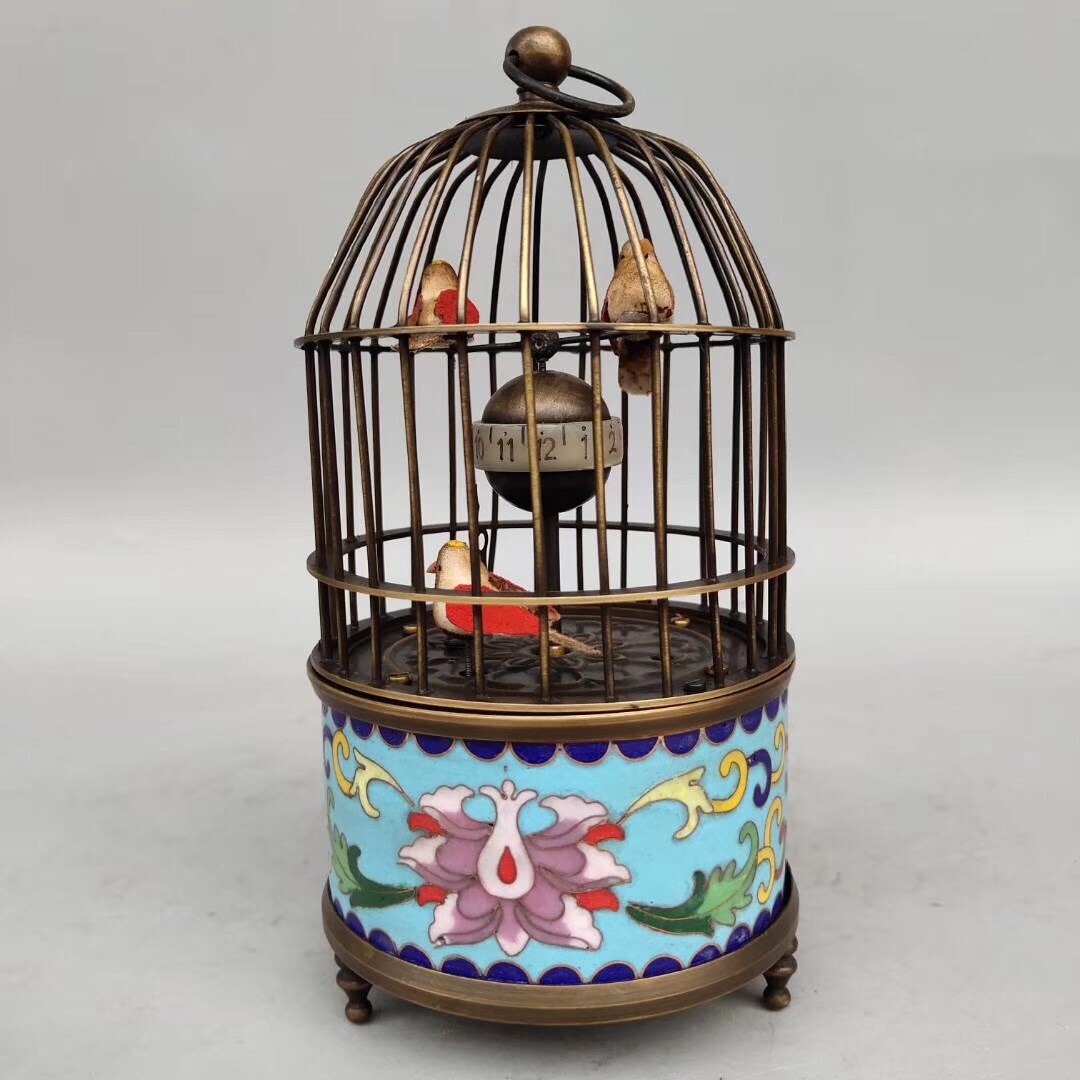 Cloisonne Brass Mechanical Clock Three Bird Moving Alarm Clock Function FL023