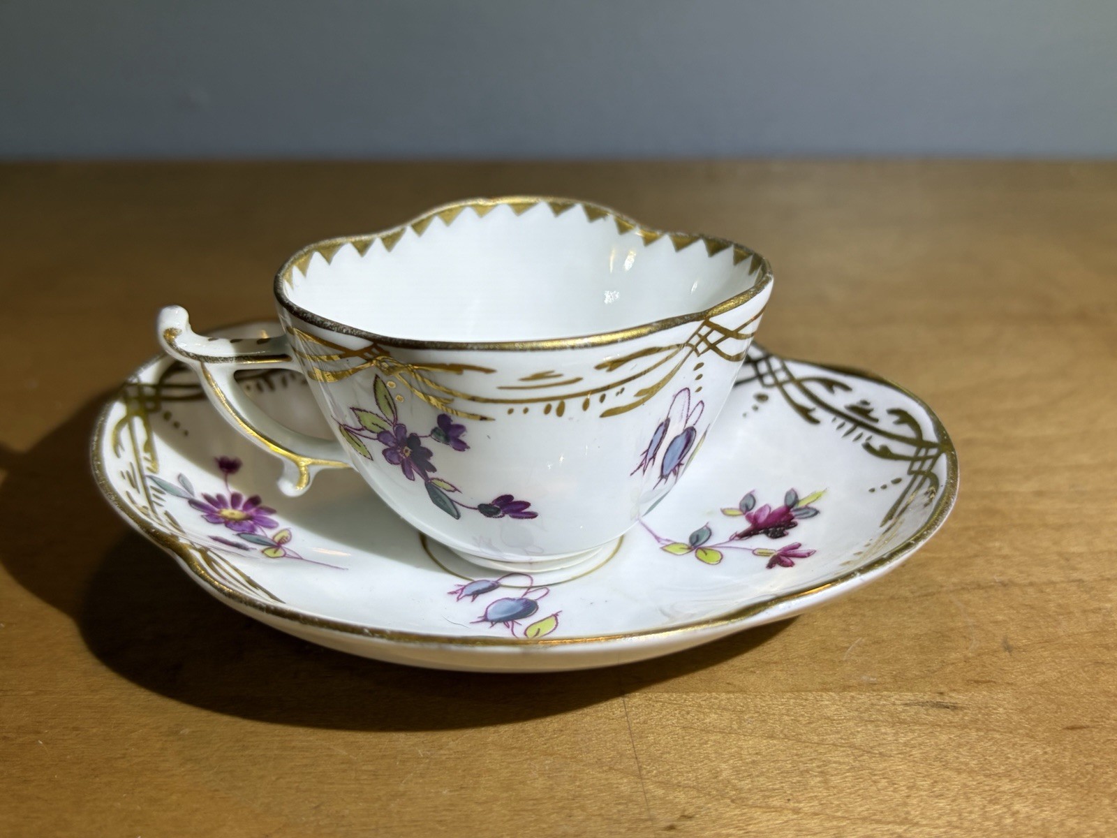 Antique SAXE Germany Porcelain Demitasse Cup Saucer Floral Gold Gilt Antique SAXE Germany Porcelain Demitasse Cup Saucer Floral Gold Gilt