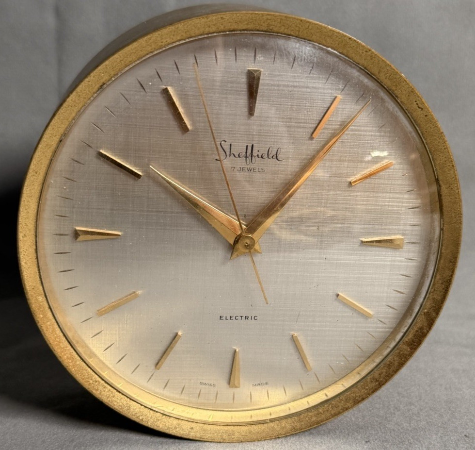 Vtg Sheffield 3750 Solid Brass Electric 7-Jewel Desk Clock Swiss MCM Working