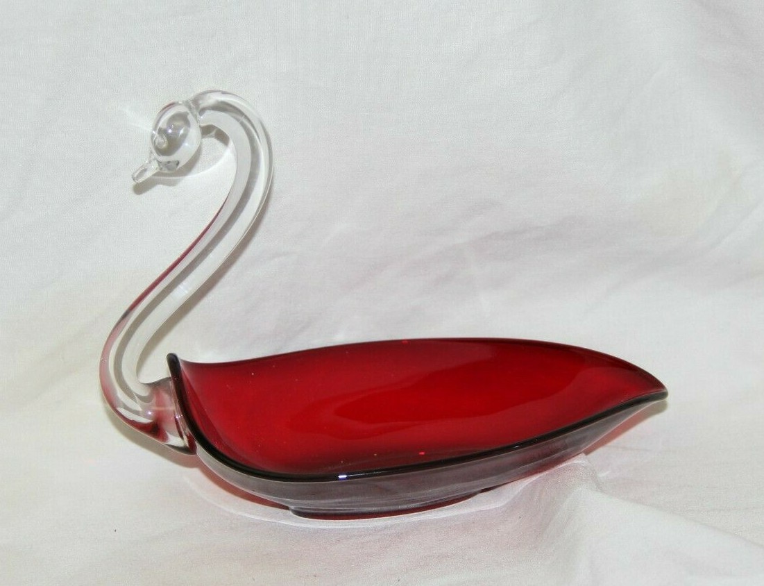 Vintage Duncan And Miller Glass Ruby Red Swan Candy Dish