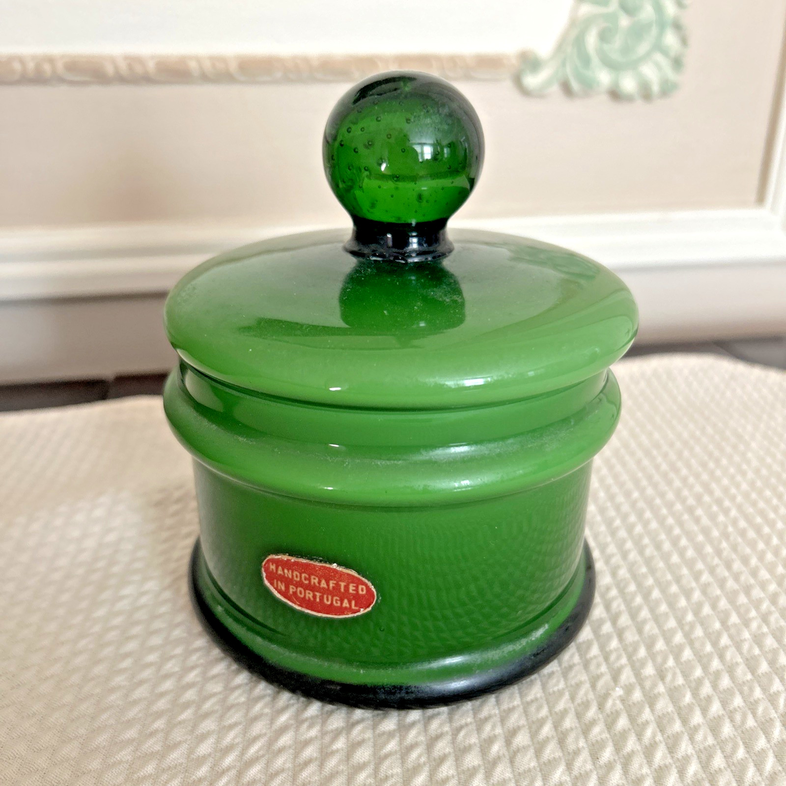 Vintage Emerald Green Opaque Glass Powder Jar with Lid Round Vanity Jar Portugal