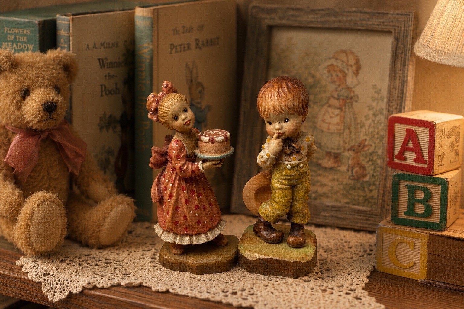 ANRI Italy Wood Carved Figurines Make A Wish & A Little Bashful Pair 4.5”