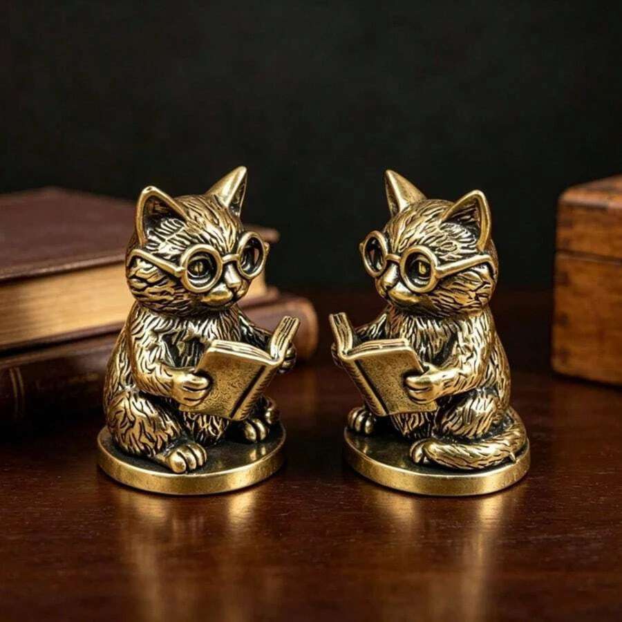 1pc Vintage Brass Cat Figurine Wearing Glasses Reading Cat Desk Decor Gift