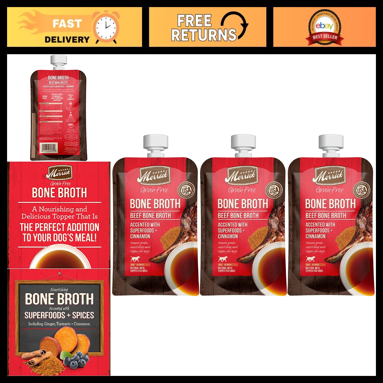 Merrick Grain Free Bone Broth Natural Meal Topper for Dogs, Accented with Superf