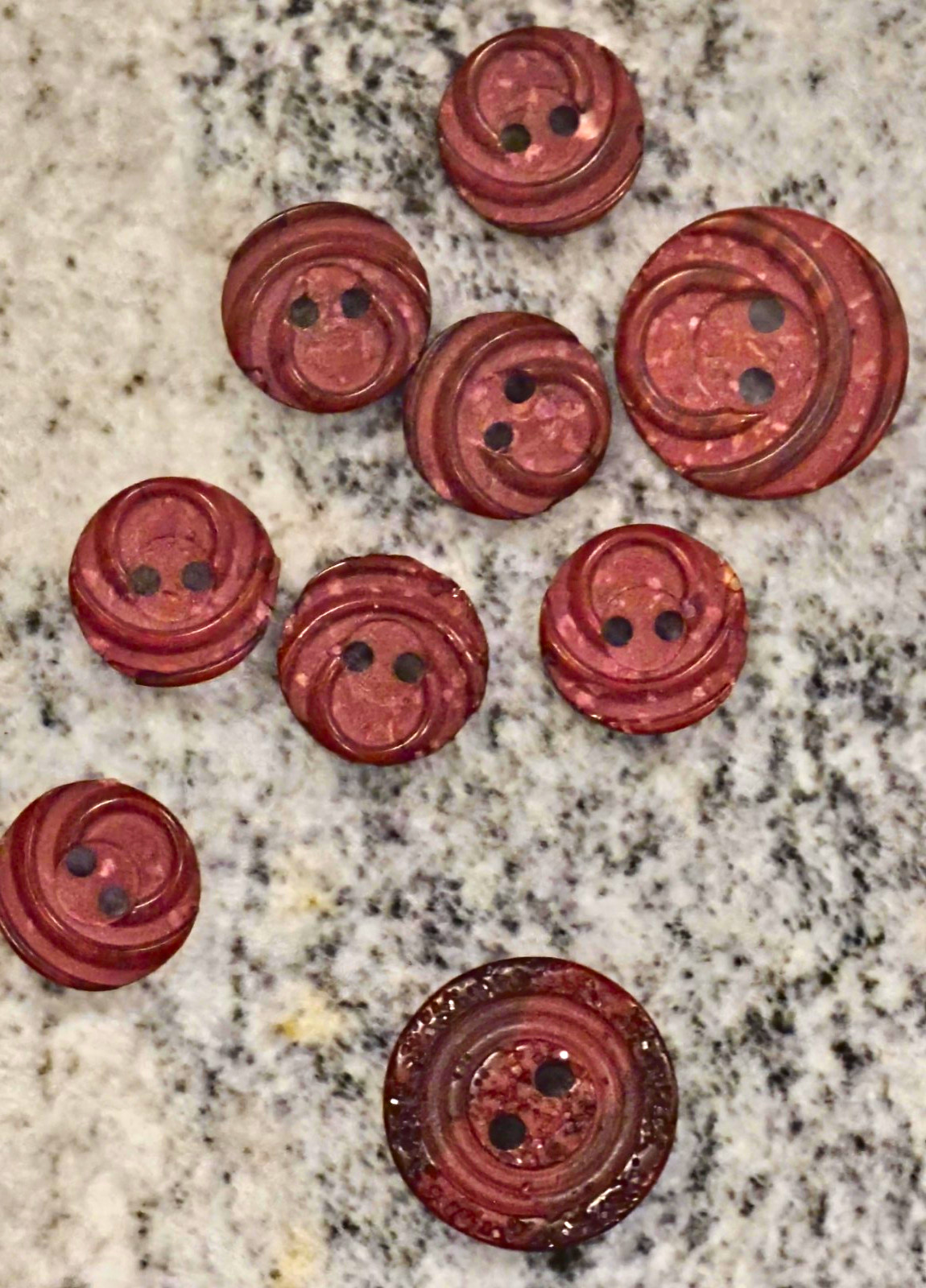 Vintage Celluloid Burgundy Red Marbled Carved Swirl 2-Hole Buttons Lot of 9