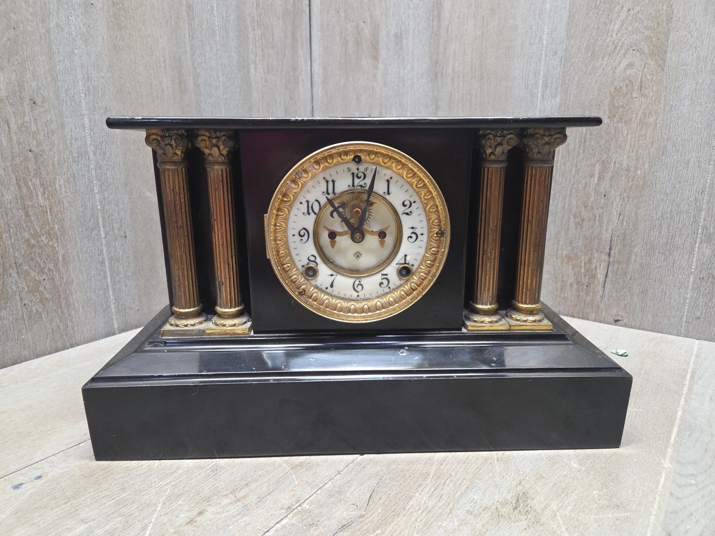 Antique 1881 Pat. Ansonia Black Gilt Cast Iron Mantle Clock Marble 15 X 9 X 6”