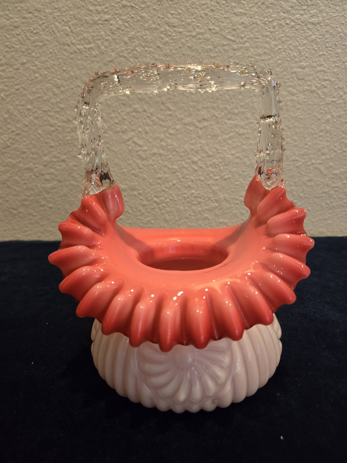 Antique Stephen's And Williams Cranberry On White Glass Basket With Thorn Handle