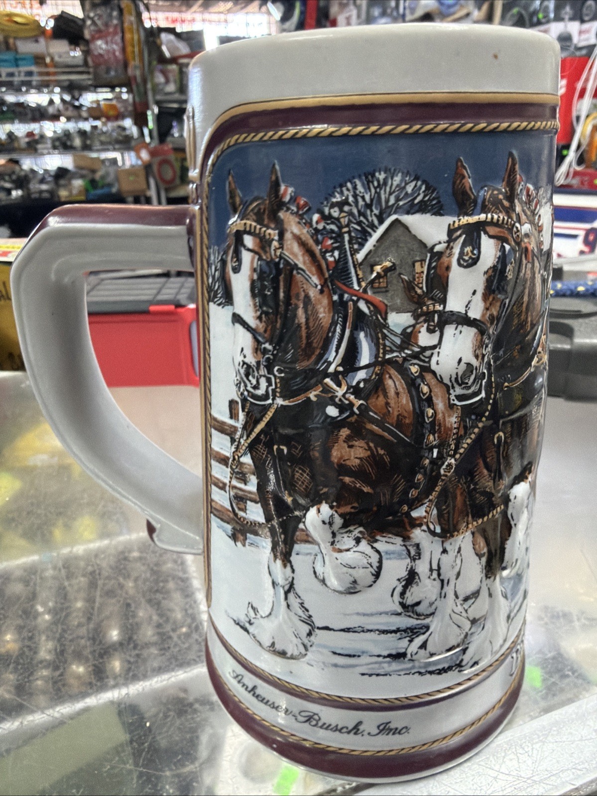 1989 Budweiser Holiday Beer Stein – Clydesdales Winter Scene – Ceramarte Brazil