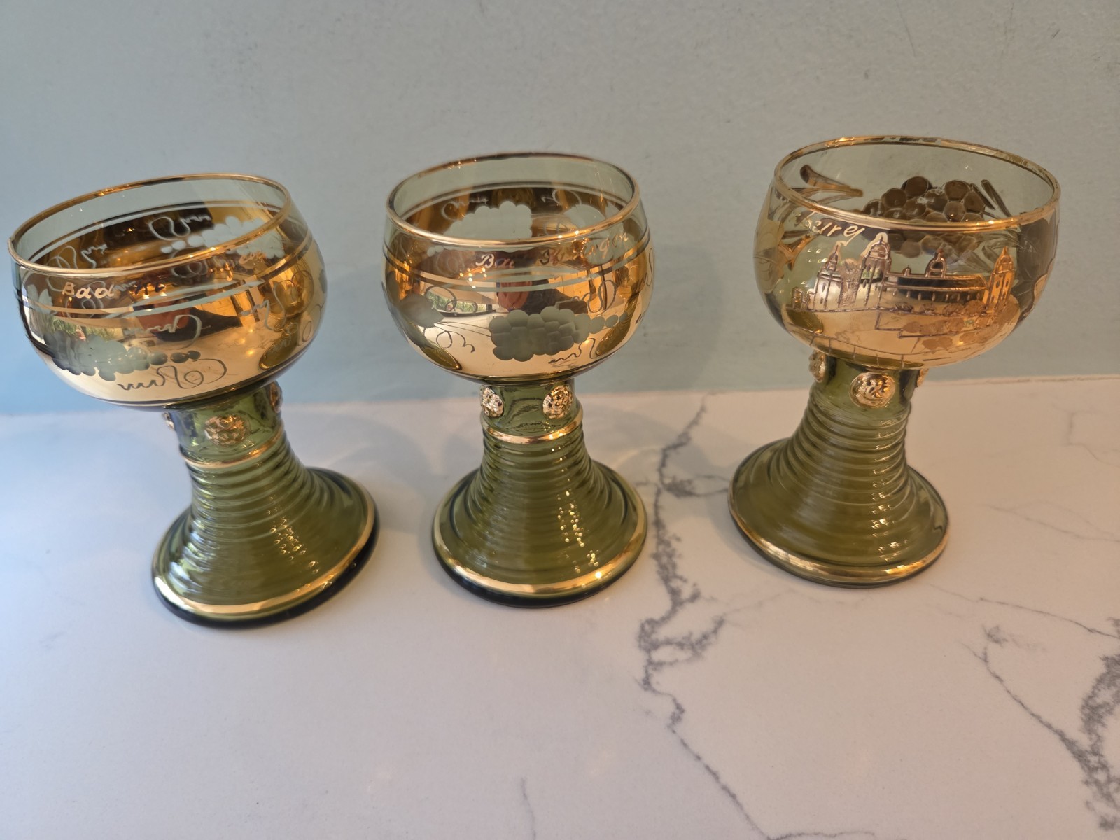 Antique German View Glasses Wurzburg & Bad Kissingen 3 Pc Gold Gilt