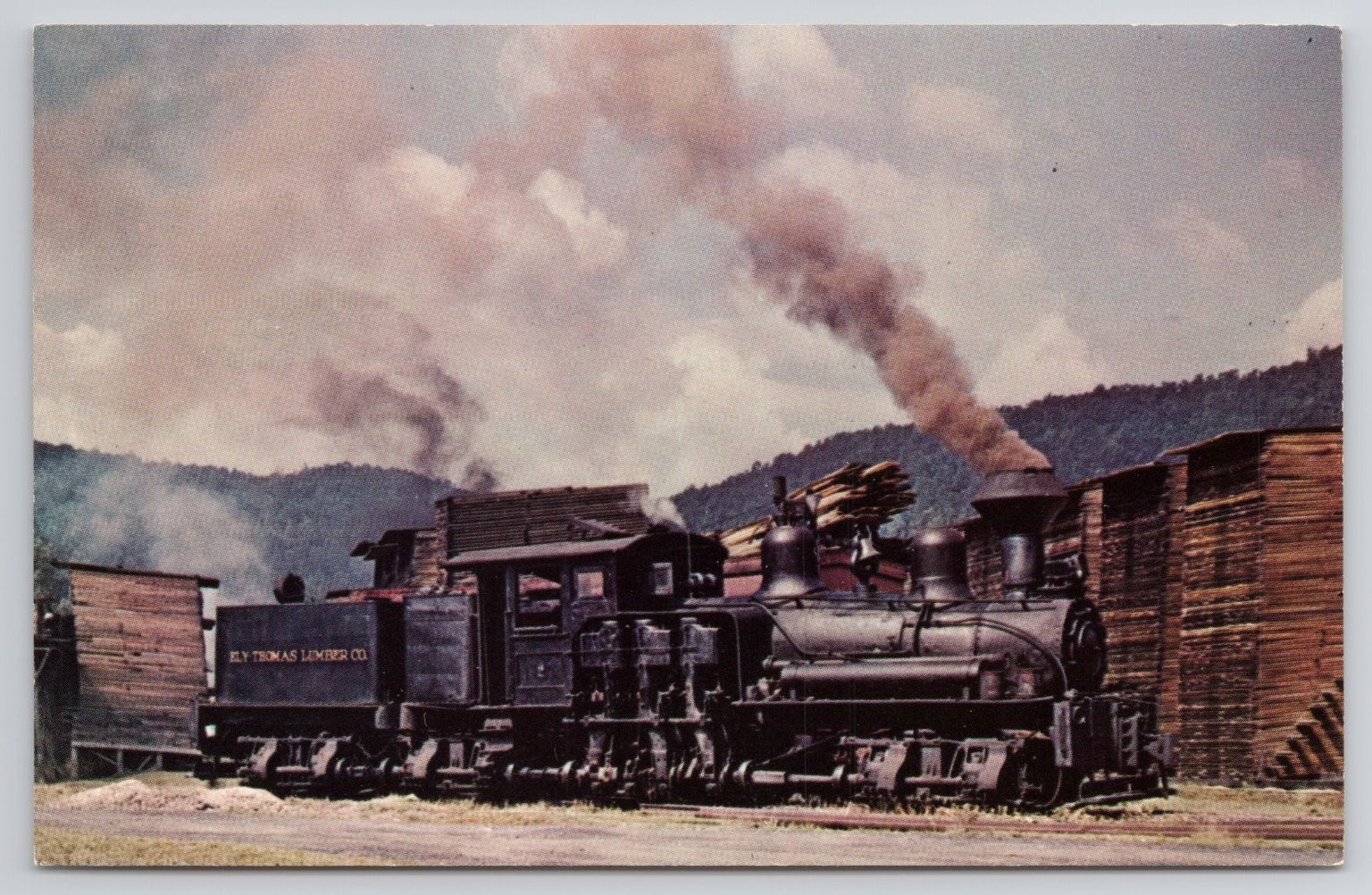Vintage Ely-Thomas Lumber Co. 2 Shay Locomotive Postcard Fenwick WV 1963