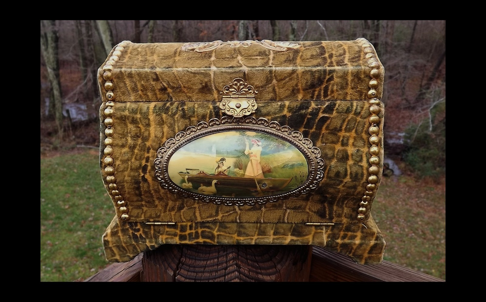 Antique Victorian Celluloid Dresser Box Croc Alligator Velvet W/Scene, High Dome