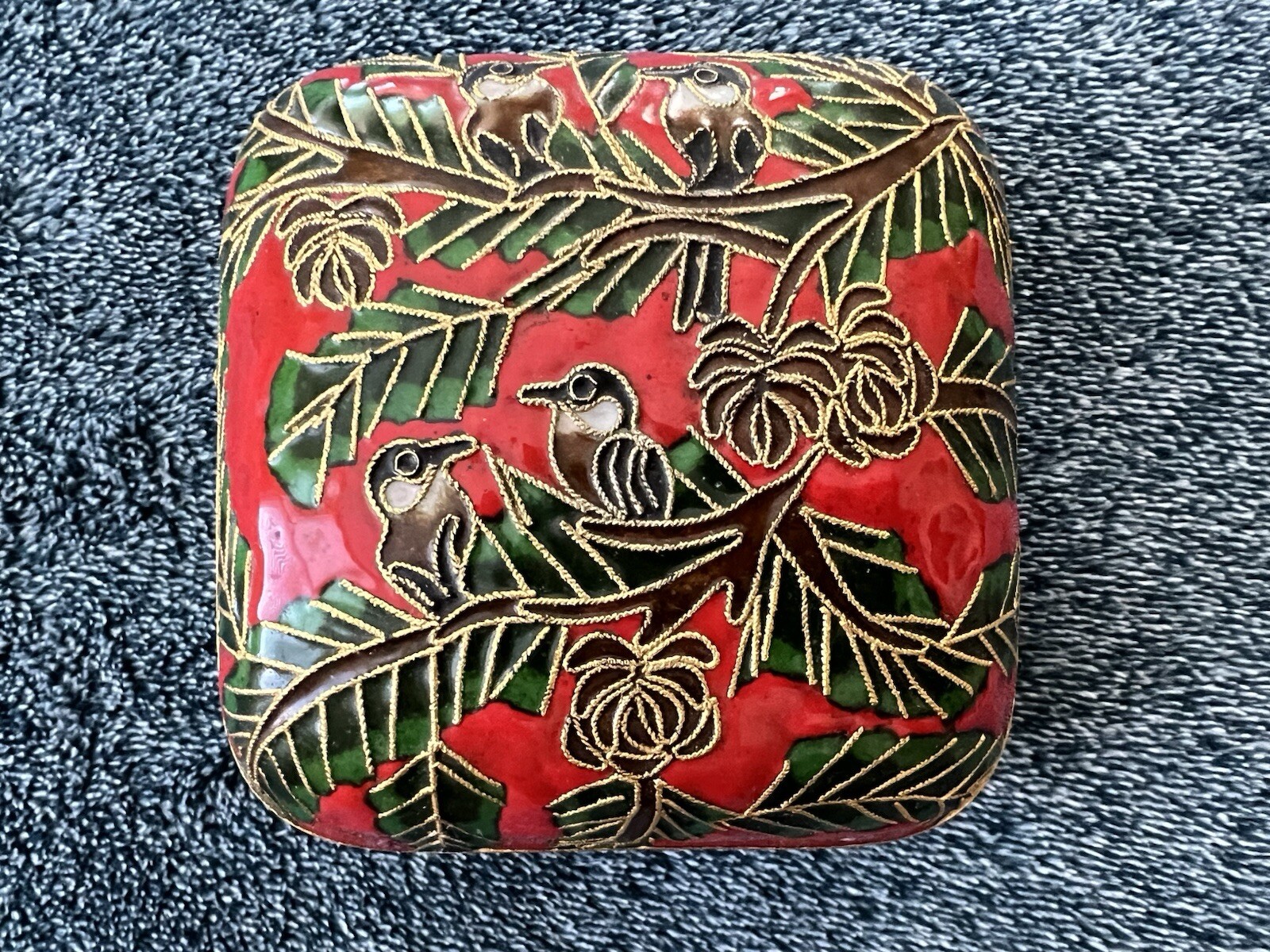 Vintage Cloisonne Enamel Brass Box Birds RED Chinese 4\