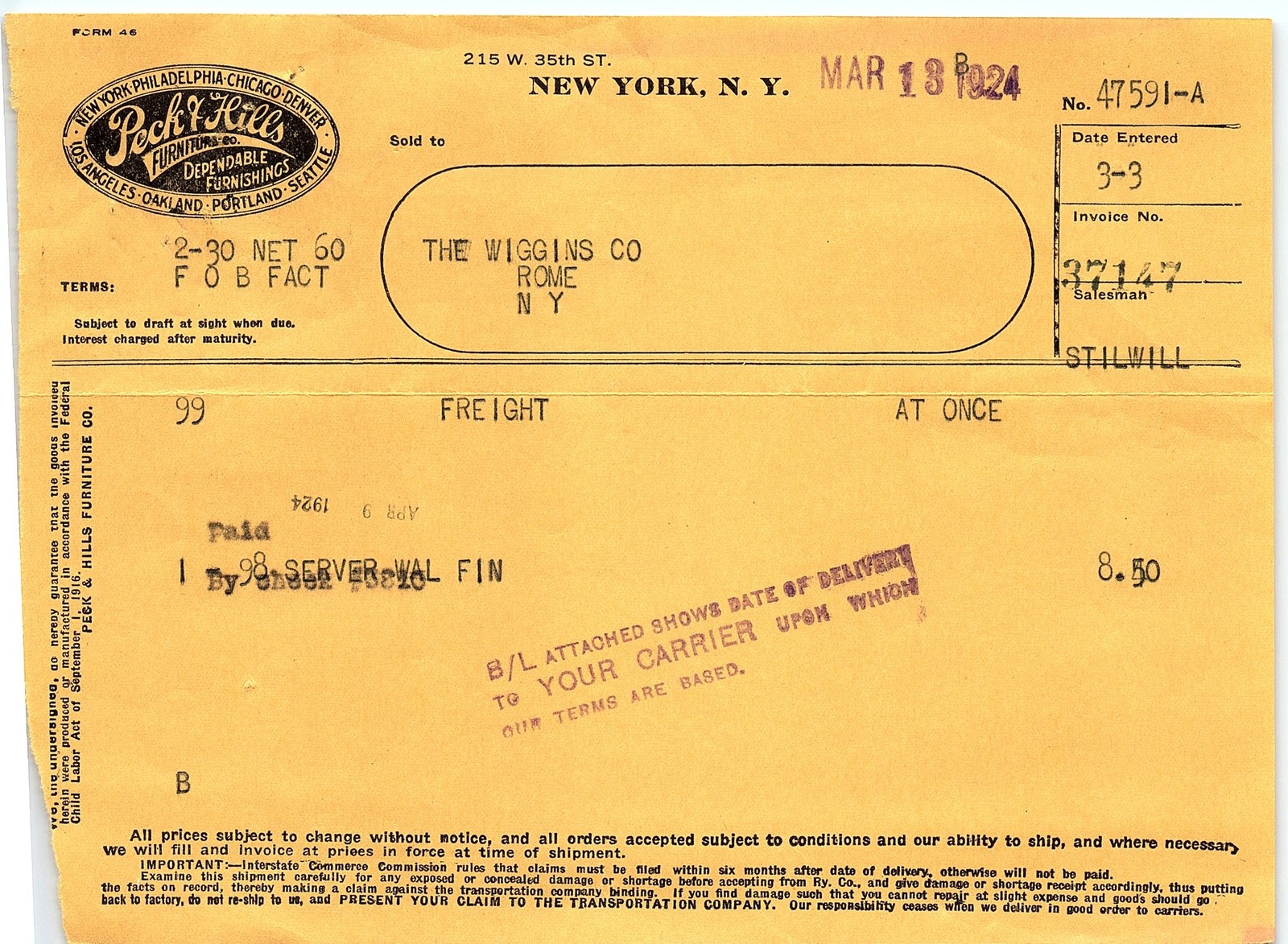 1924 Peck & Hills Furniture Co. NYC billhead, paid $8.50