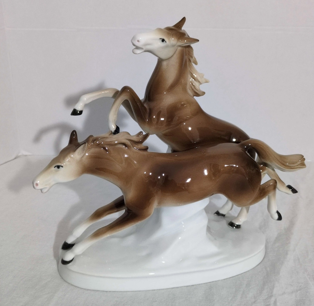 Vintage Gräfenthal Carl Scheidig German Porcelain Two Horses Figurine Sculpture 