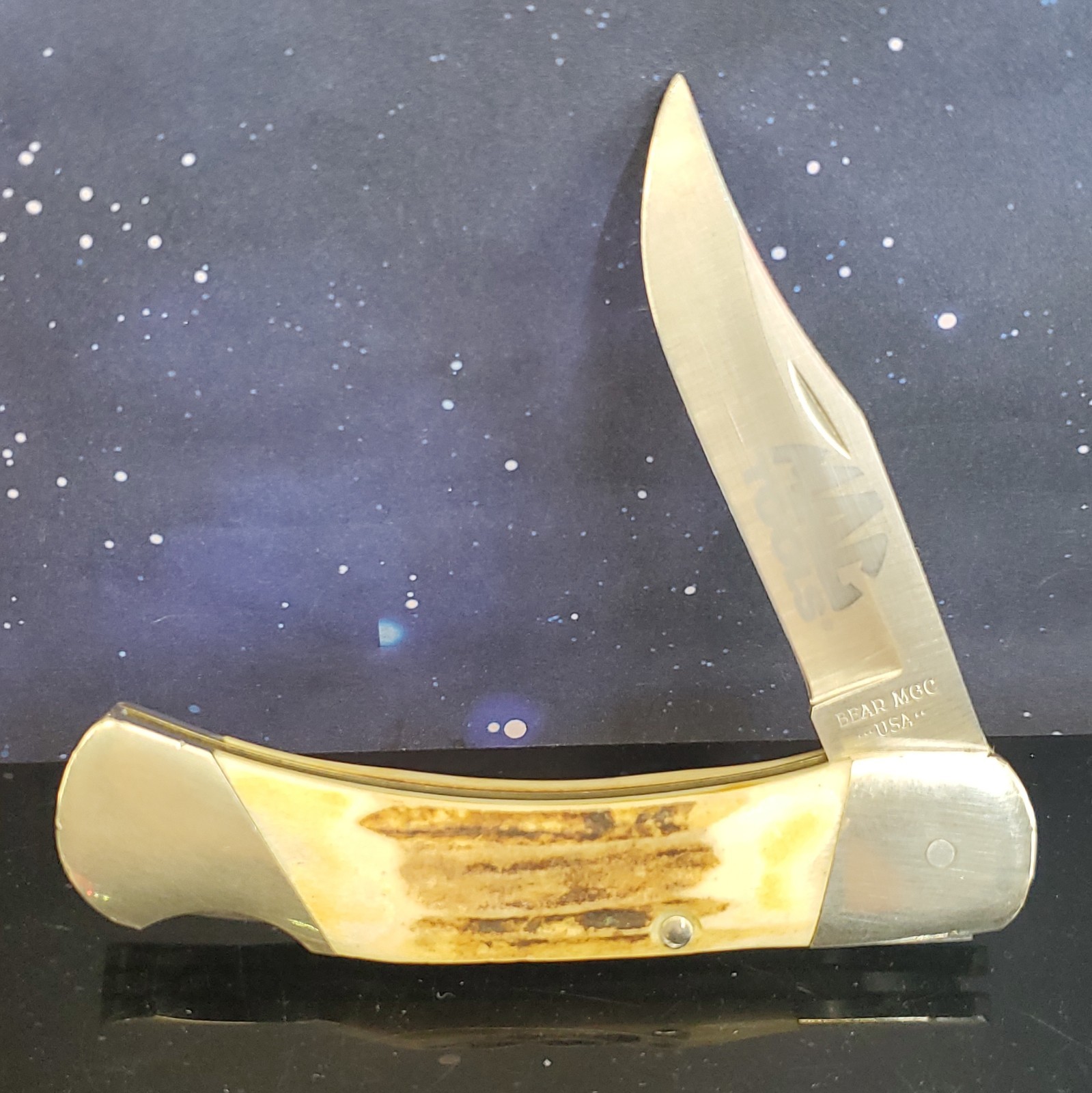 VTG '95 BEAR MGC USA 5 DOT LOCKBACK KNIFE MAC Tools Stag Handle Hunting Knife 